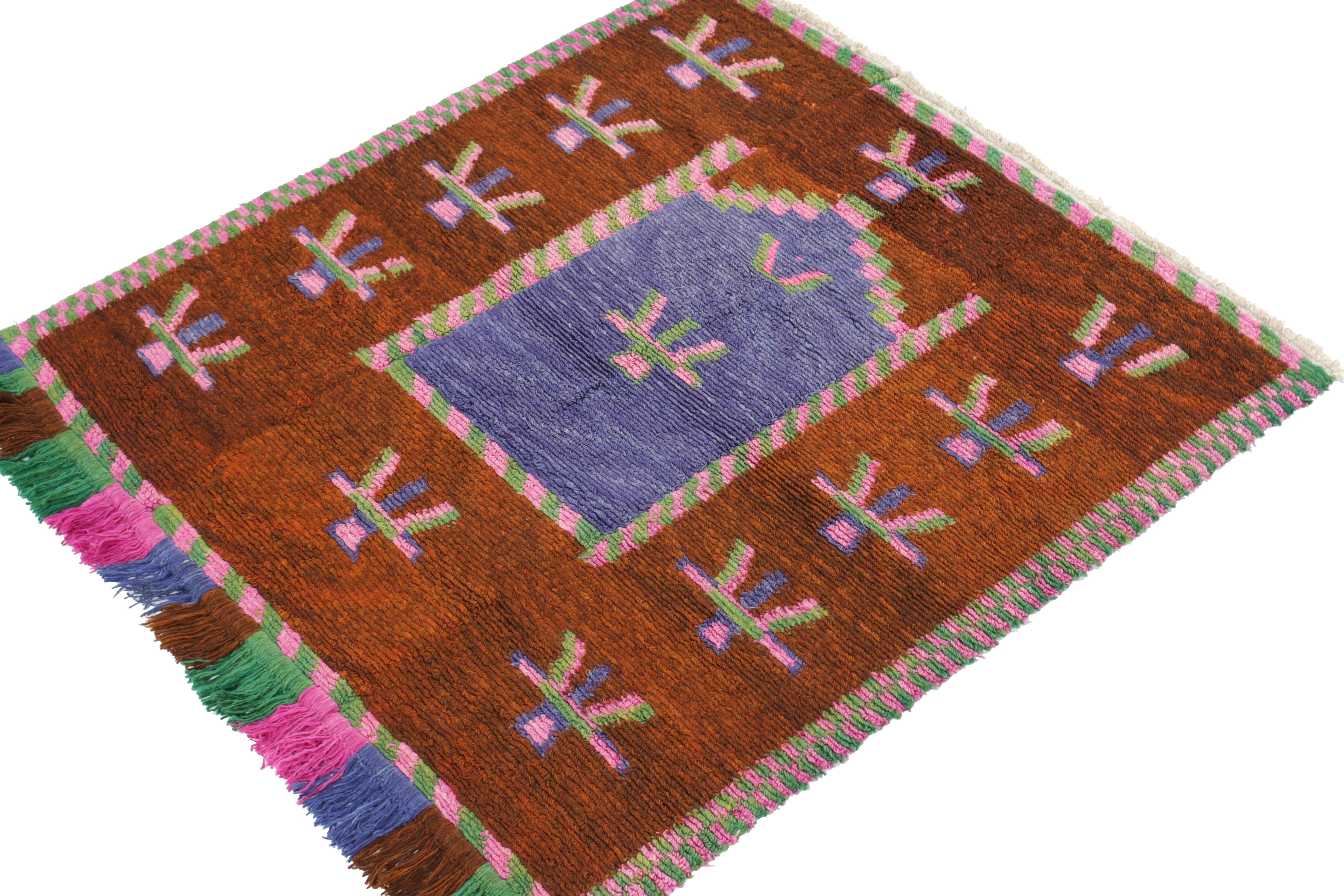 Tribal 1950s Vintage Tulu Rug in Brown, Blue and Pink Geometric Pattern by Rug & Kilim For Sale