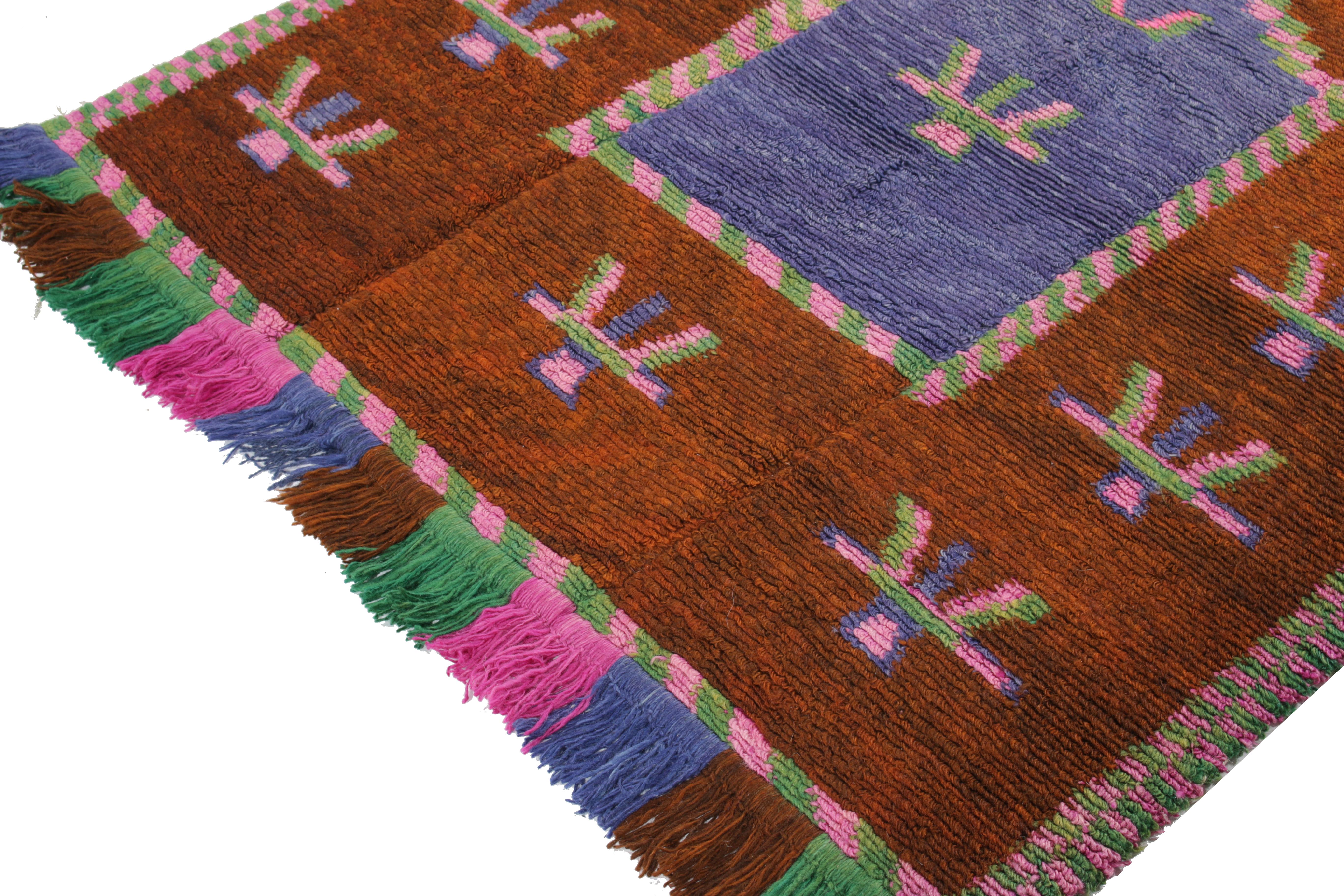 Hand-Knotted 1950s Vintage Tulu Rug in Brown, Blue and Pink Geometric Pattern by Rug & Kilim For Sale