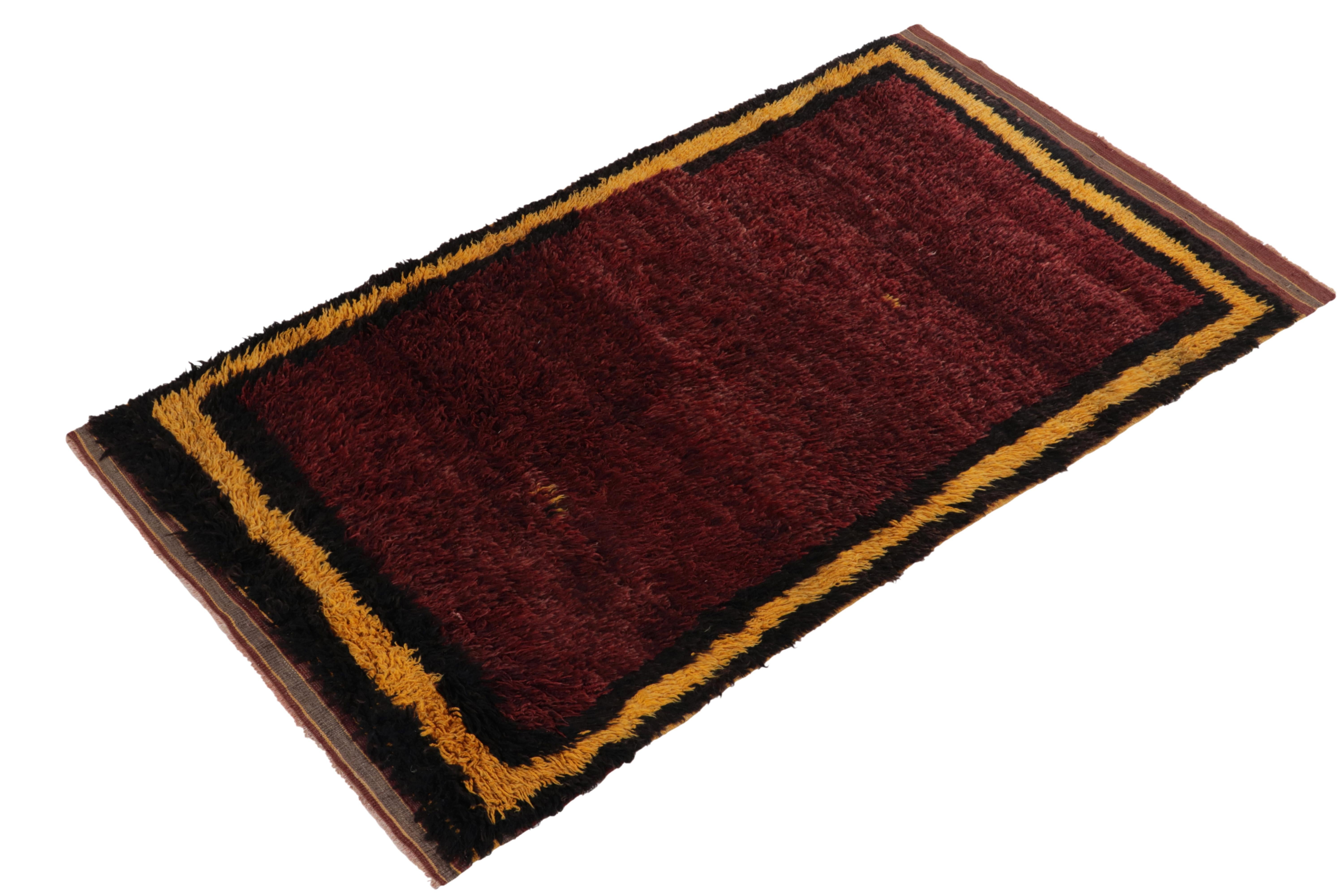 Tribal 1950s Vintage Tulu Rug in Maroon, Yellow, Black Open Field by Rug & Kilim For Sale