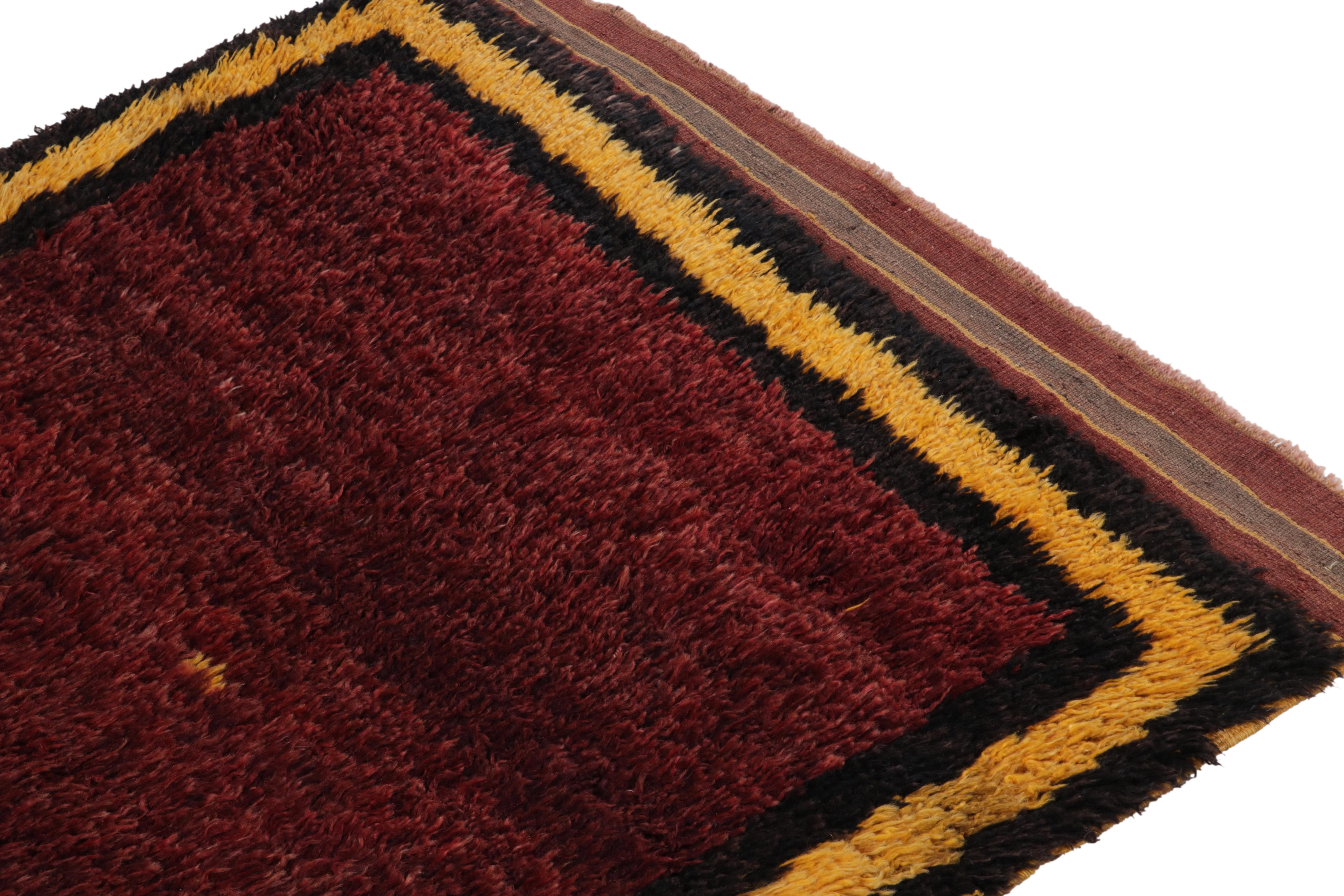 Hand-Knotted 1950s Vintage Tulu Rug in Maroon, Yellow, Black Open Field by Rug & Kilim For Sale