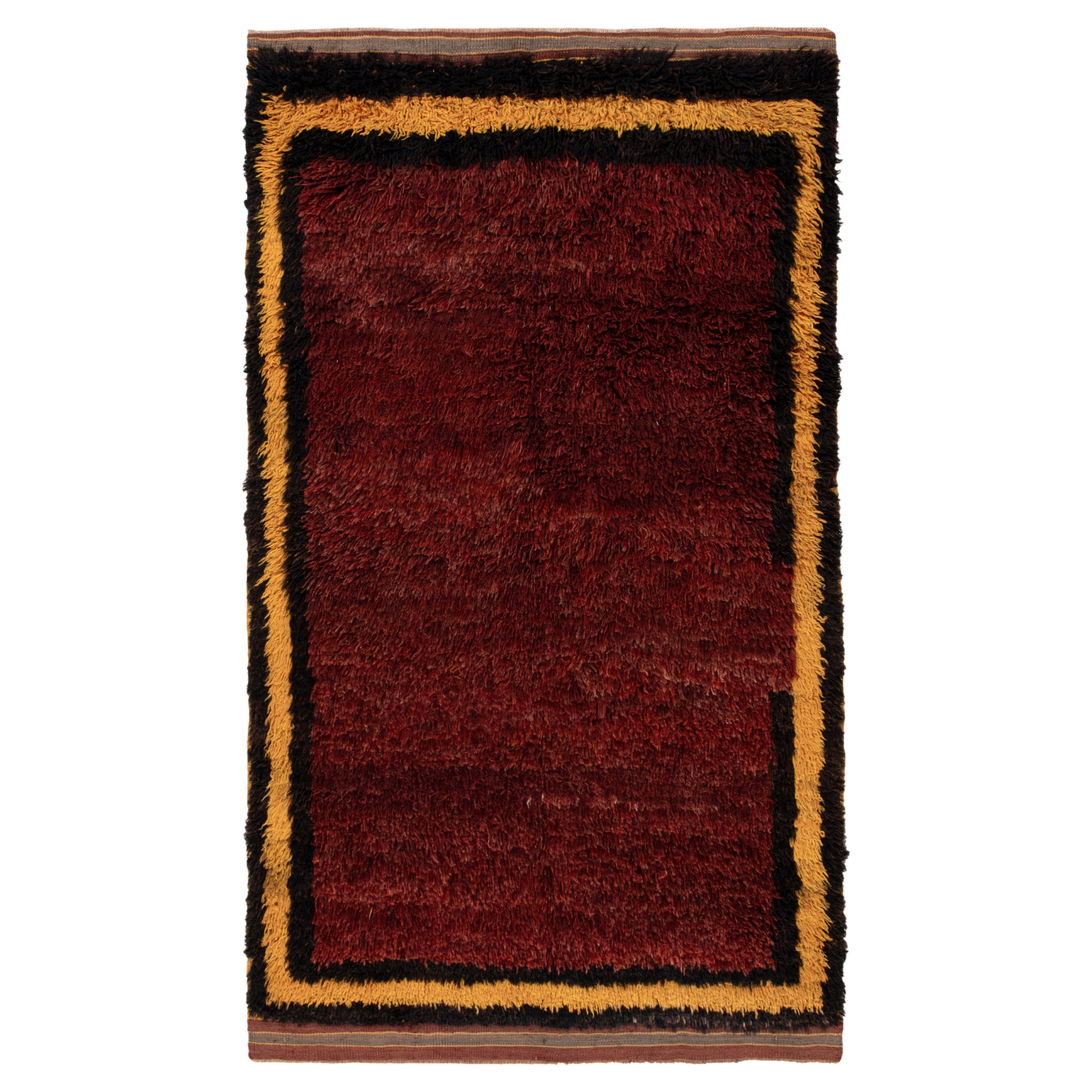 1950s Vintage Tulu Rug in Maroon, Yellow, Black Open Field by Rug & Kilim For Sale