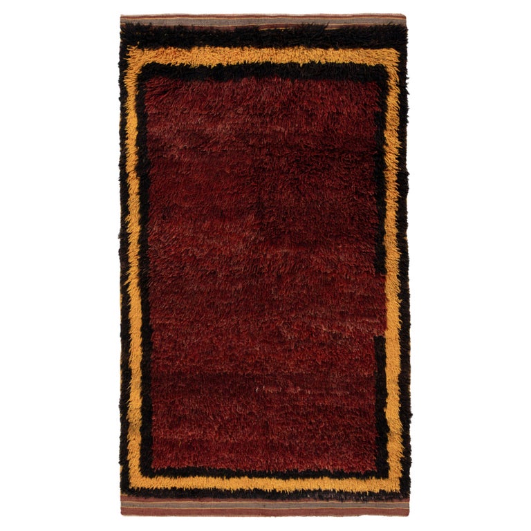 1950s Vintage Tulu Rug in Maroon, Yellow, Black Open Field by Rug and