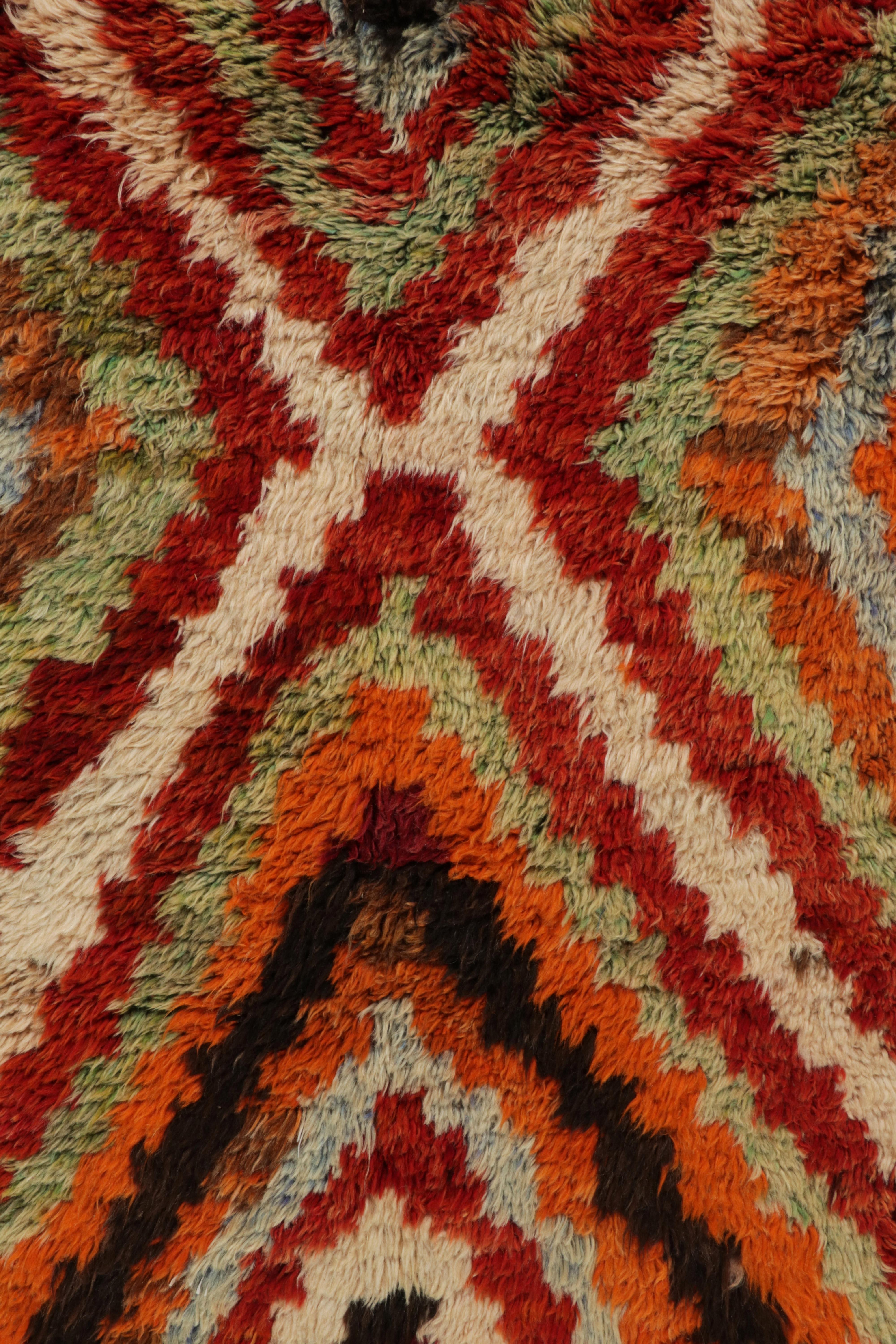 Hand-Knotted 1950s Vintage Tulu Rug in Orange, Red, Green Geometric Pattern by Rug & Kilim For Sale
