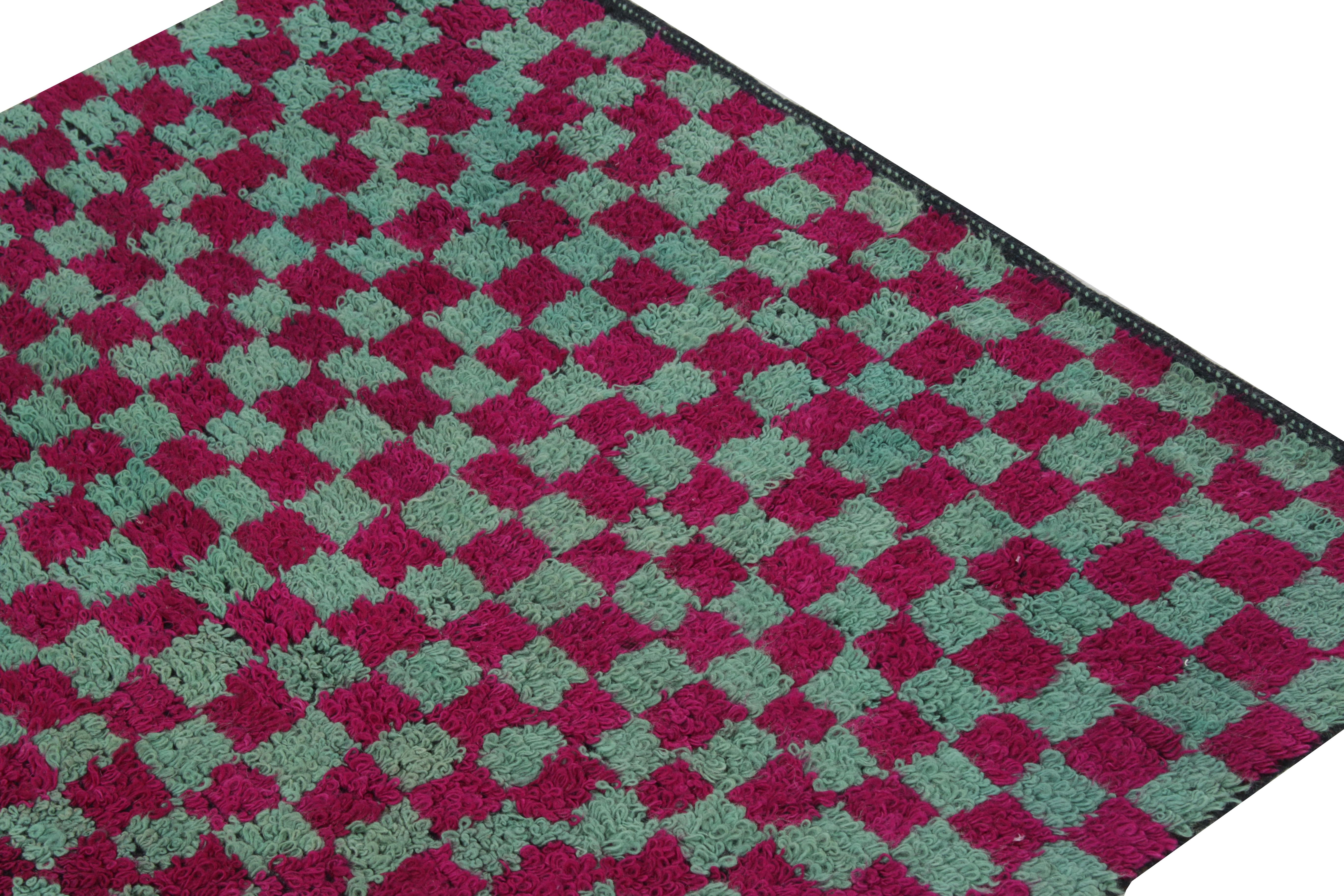 Turkish 1950s Vintage Tulu rug in Pink, Blue Geometric Chessboard Pattern by Rug & Kilim For Sale