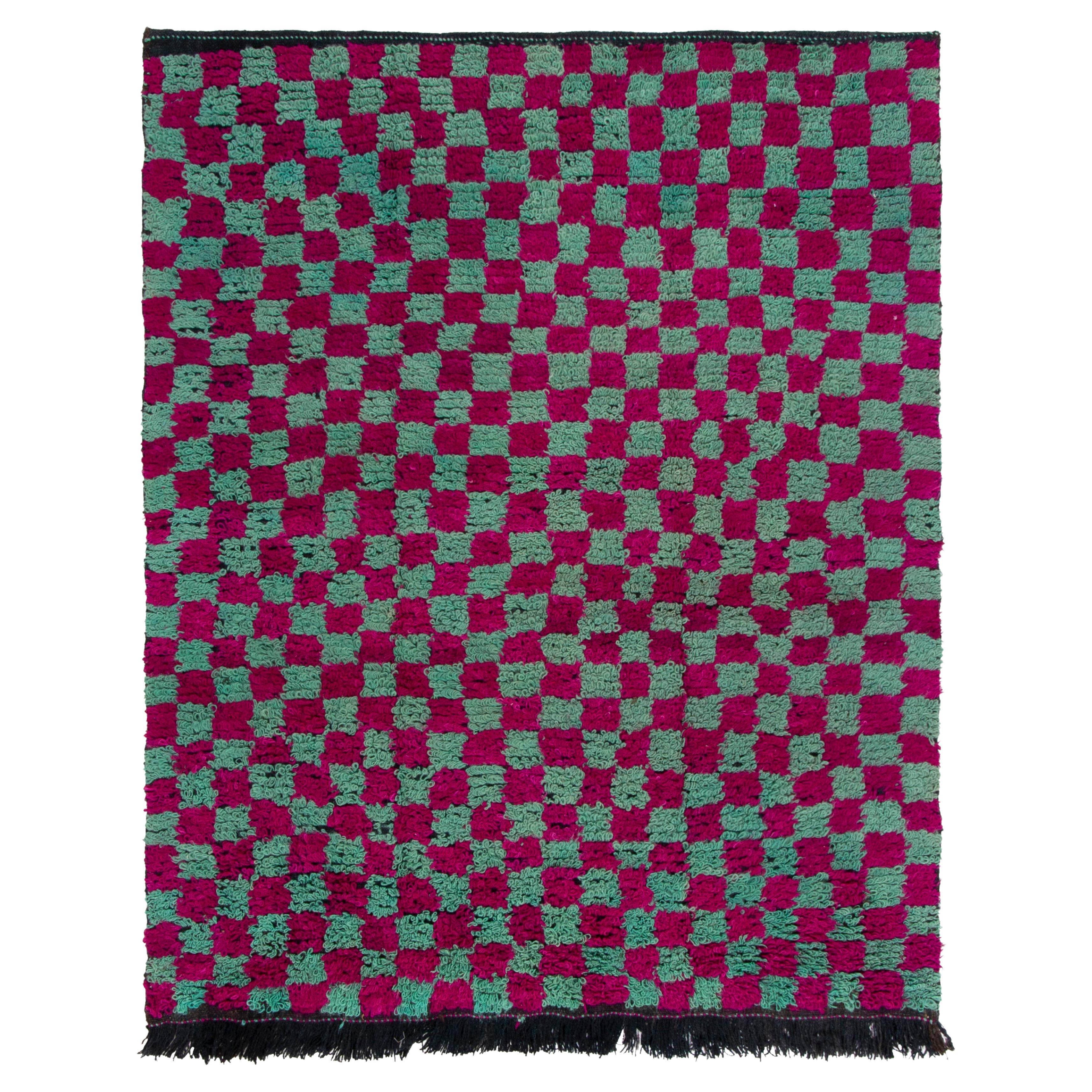 1950s Vintage Tulu rug in Pink, Blue Geometric Chessboard Pattern by Rug & Kilim