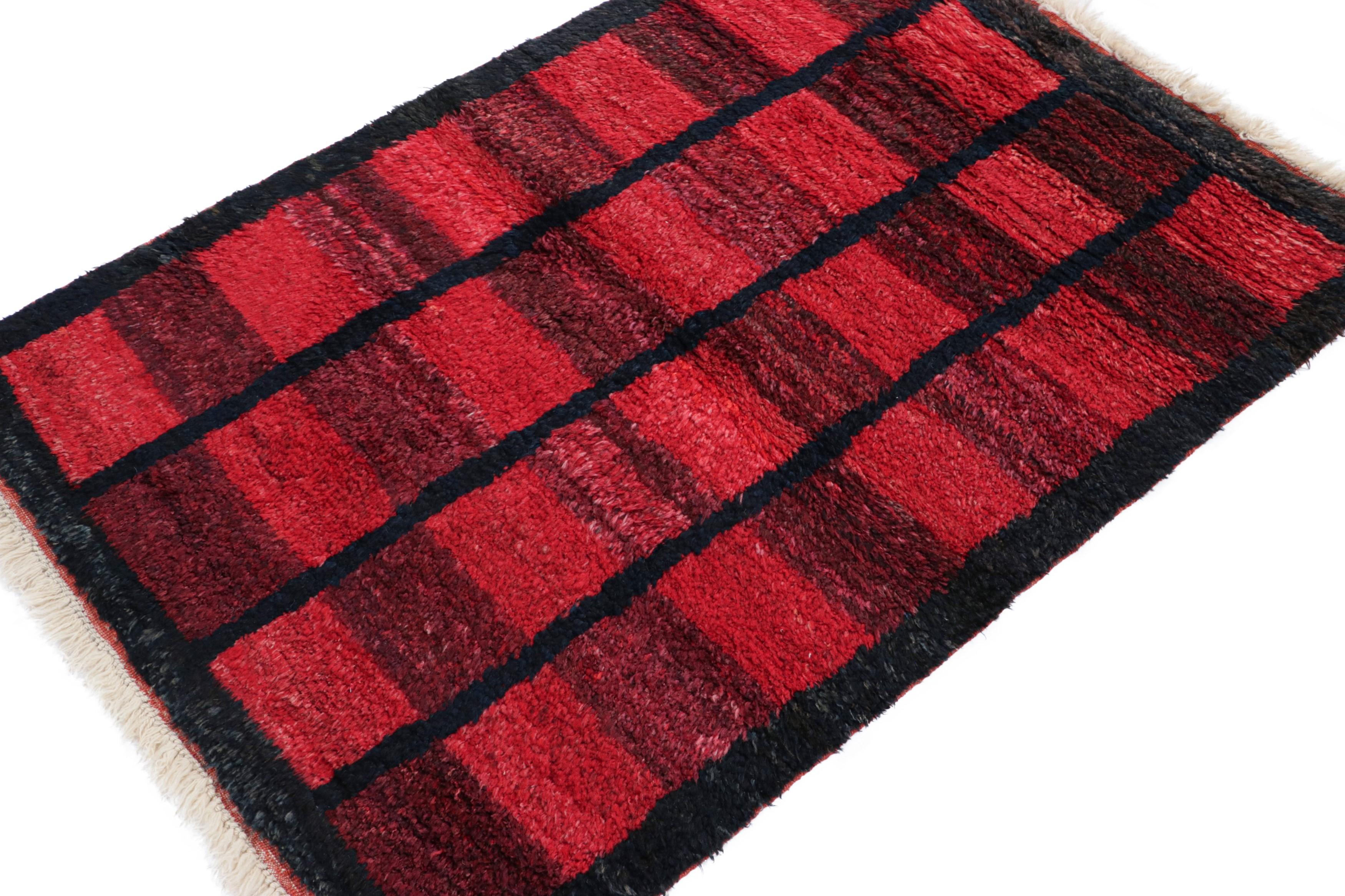 Turkish 1950s Vintage Tulu Rug in Red, Blue-Black Geometric Pattern by Rug & Kilim For Sale