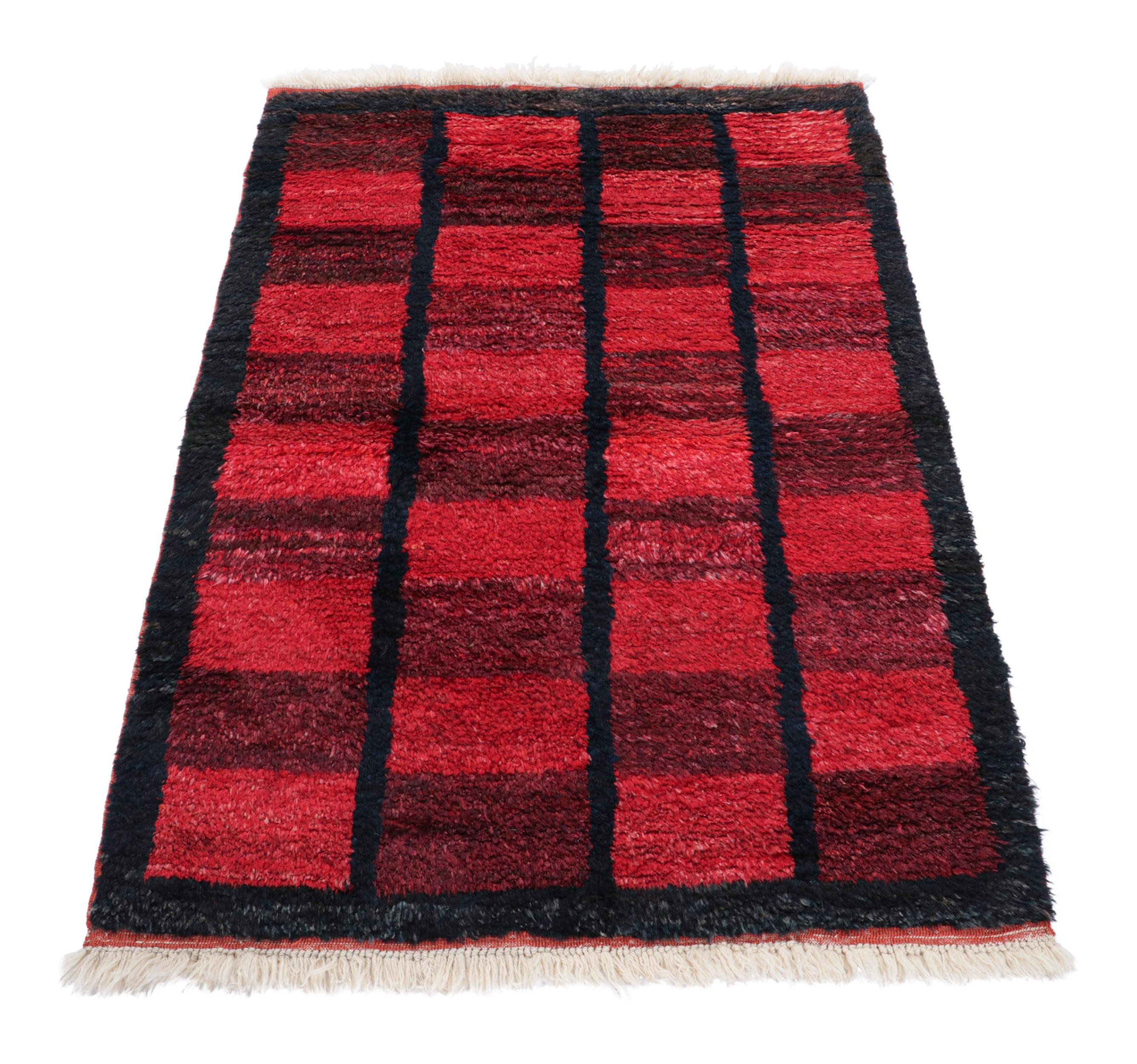 Hand-Knotted 1950s Vintage Tulu Rug in Red, Blue-Black Geometric Pattern by Rug & Kilim For Sale