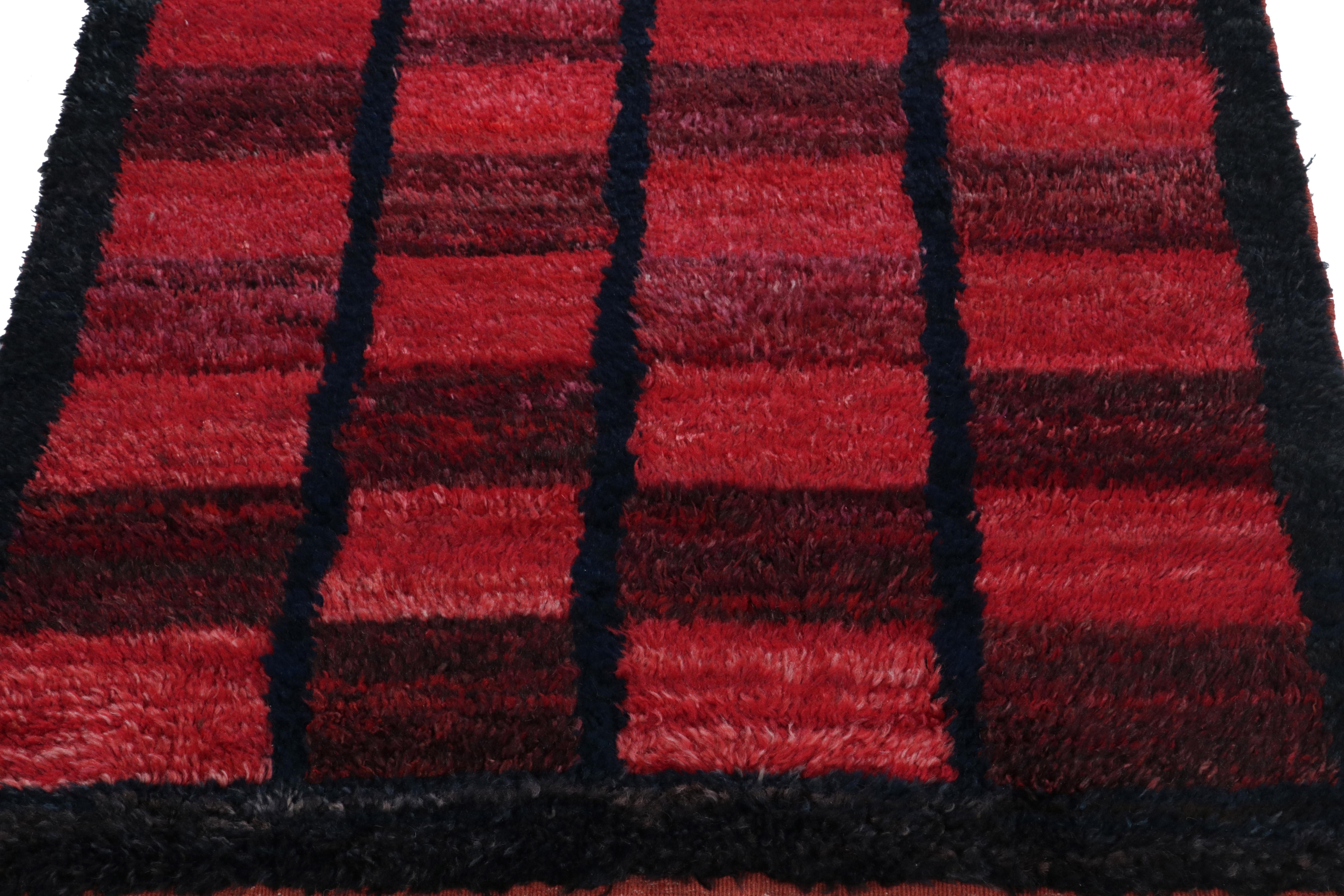 Hand-Knotted 1950s Vintage Tulu Rug in Red, Blue-Black Geometric Pattern by Rug & Kilim For Sale