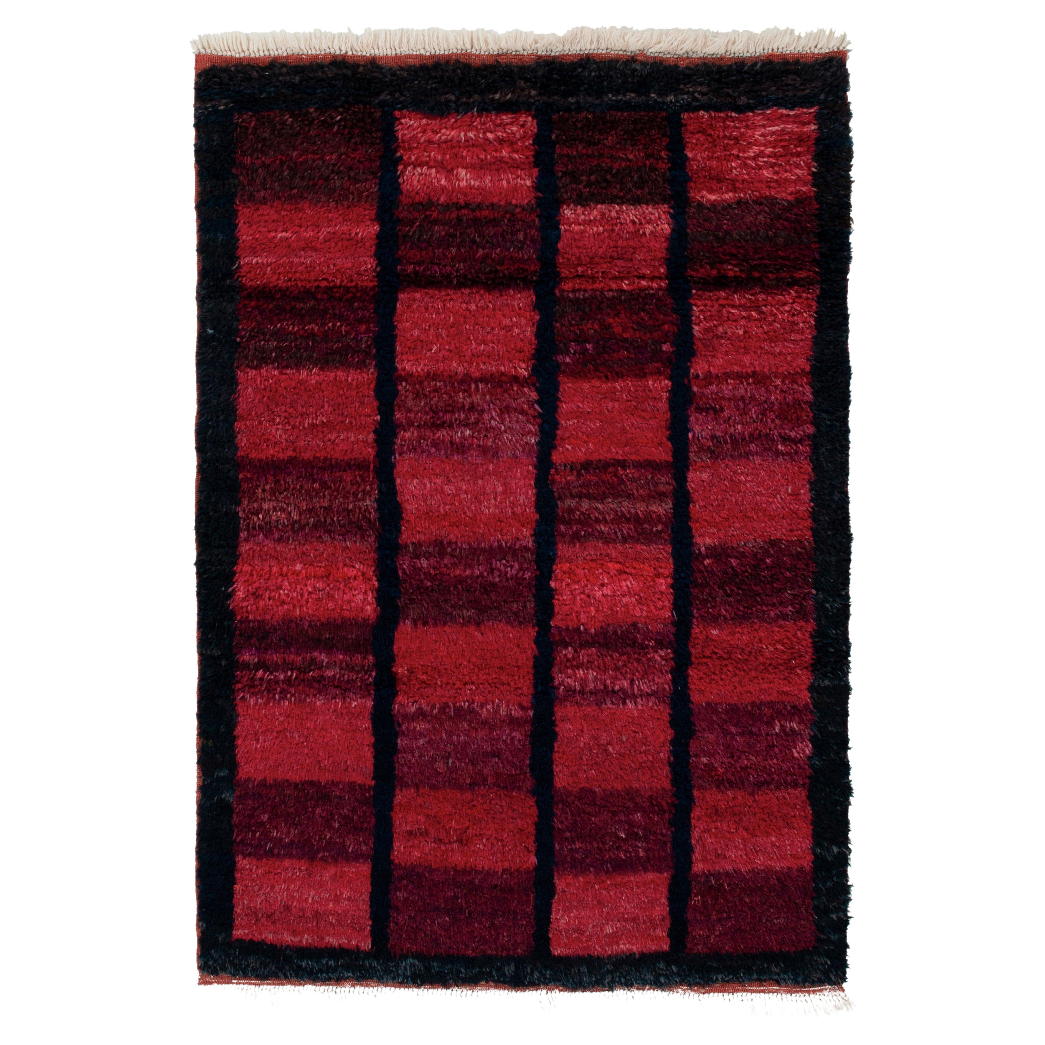 1950s Vintage Tulu Rug in Red, Blue-Black Geometric Pattern by Rug & Kilim For Sale