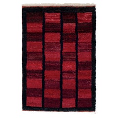1950s Vintage Tulu Rug in Red, Blue-Black Geometric Pattern, Shag Pile