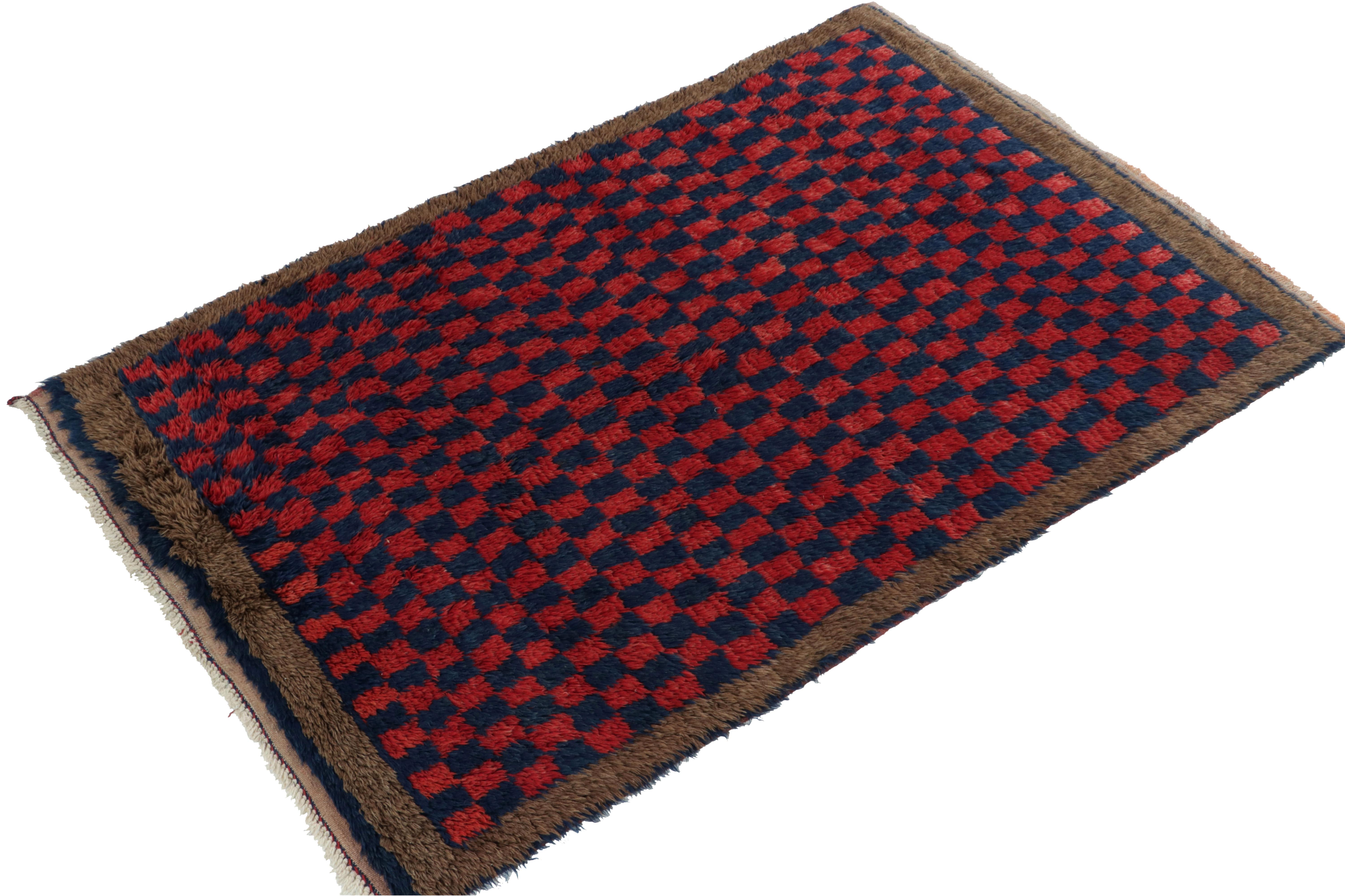 Tribal 1950s Vintage Tulu Rug in Red, Blue, Brown Geometric Pattern by Rug & Kilim For Sale