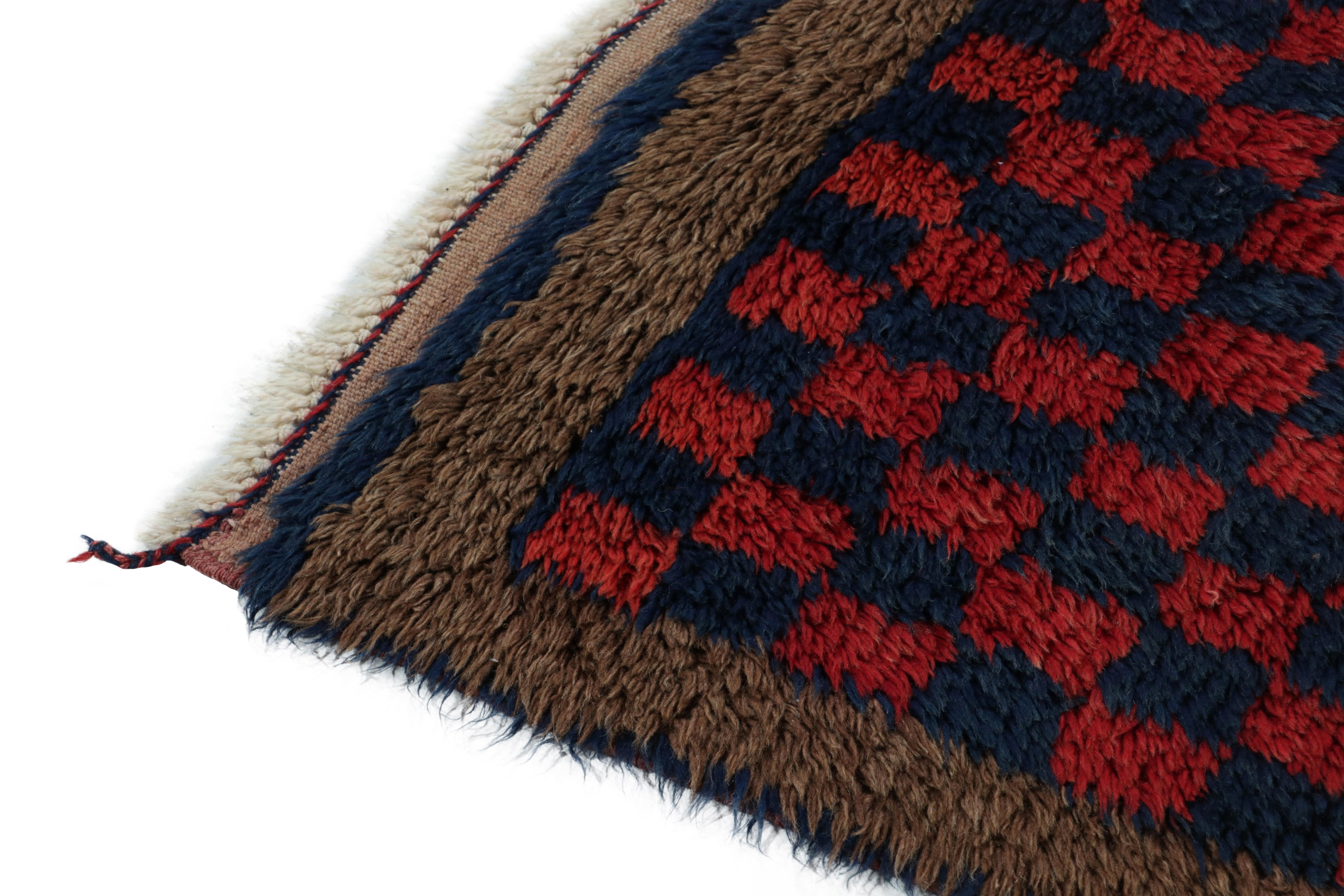 Hand-Knotted 1950s Vintage Tulu Rug in Red, Blue, Brown Geometric Pattern by Rug & Kilim For Sale