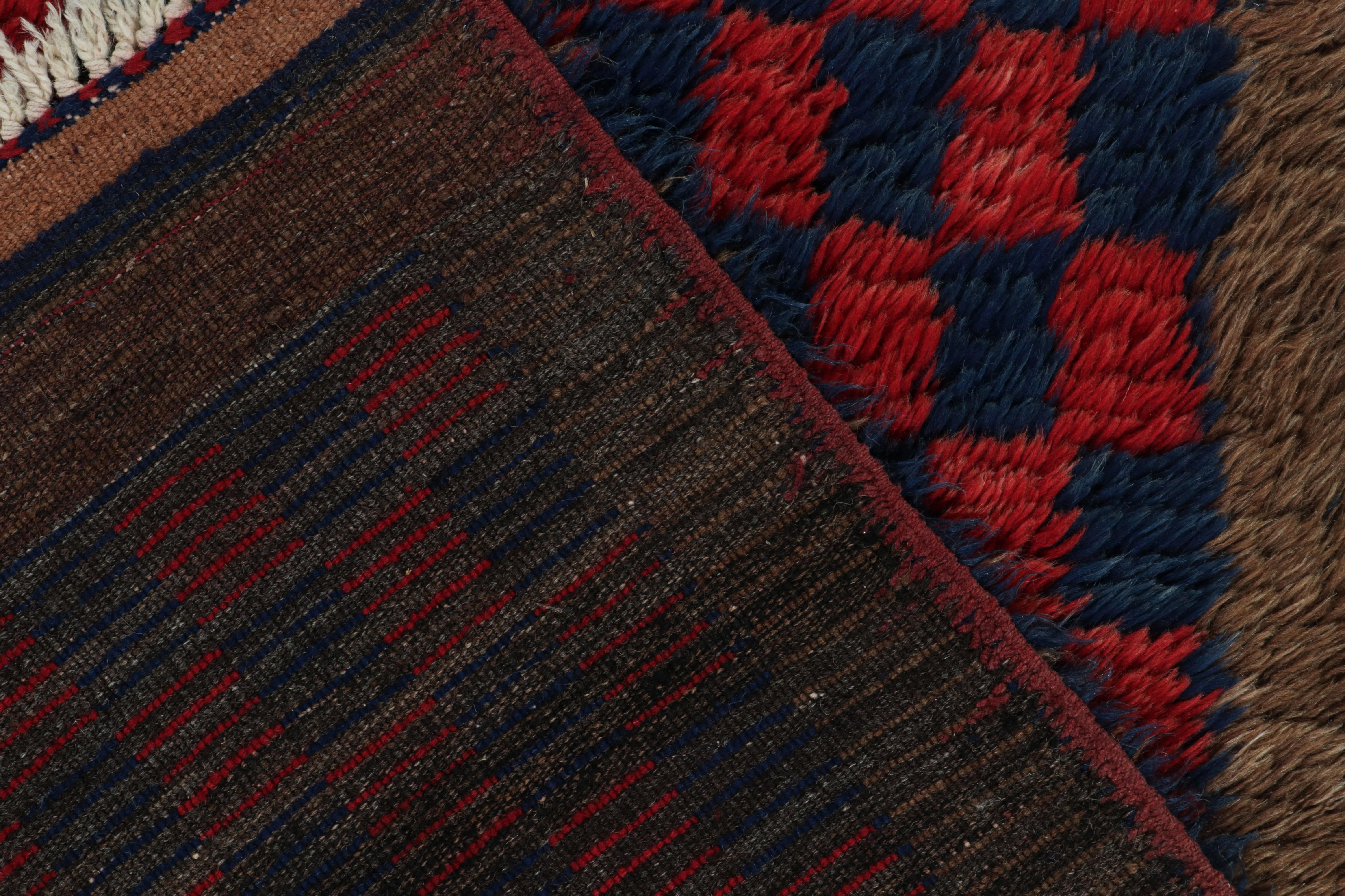 1950s Vintage Tulu Rug in Red, Blue, Brown Geometric Pattern by Rug & Kilim In Good Condition For Sale In Long Island City, NY