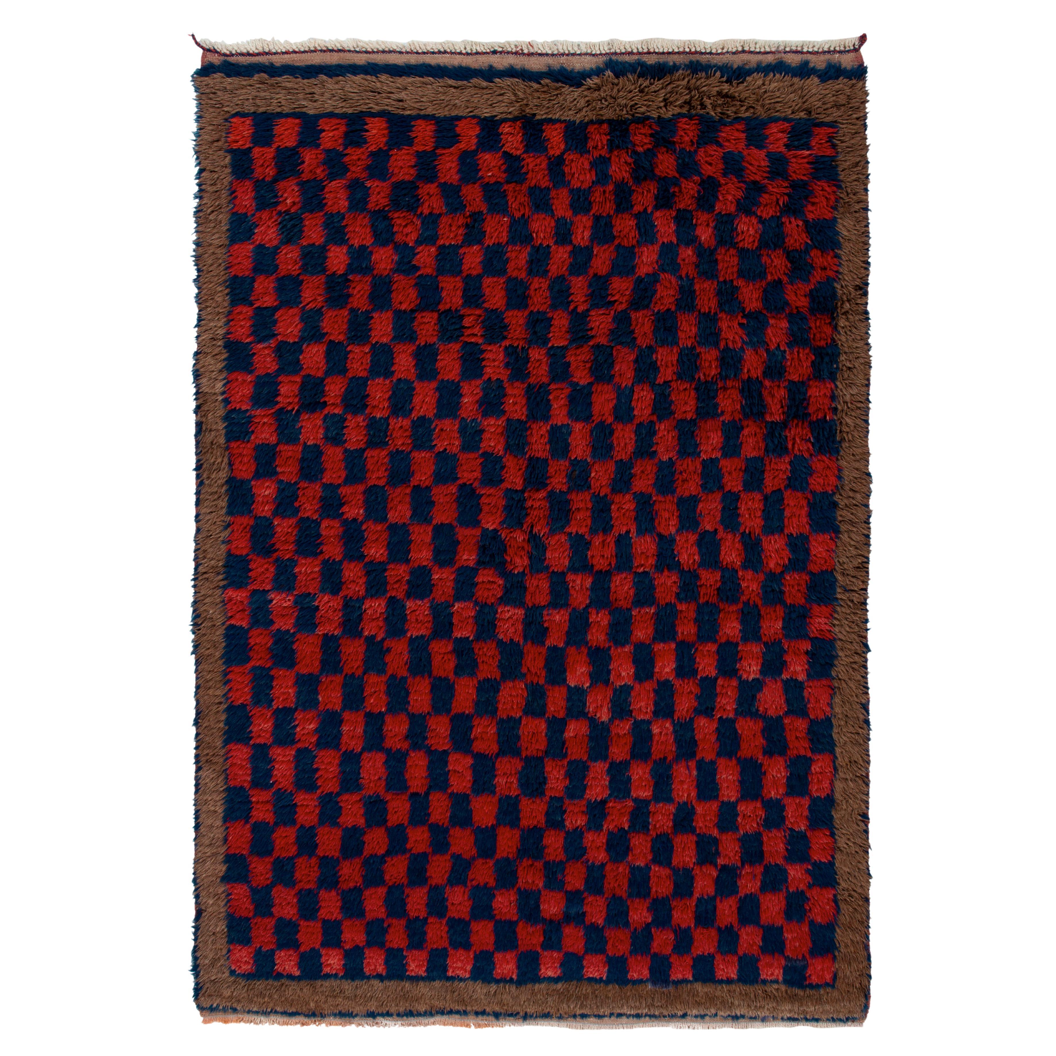 1950s Vintage Tulu Rug in Red, Blue, Brown Geometric Pattern by Rug & Kilim