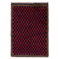 1950s Vintage Tulu Rug in Red, Blue, Brown, White Geometric Pattern