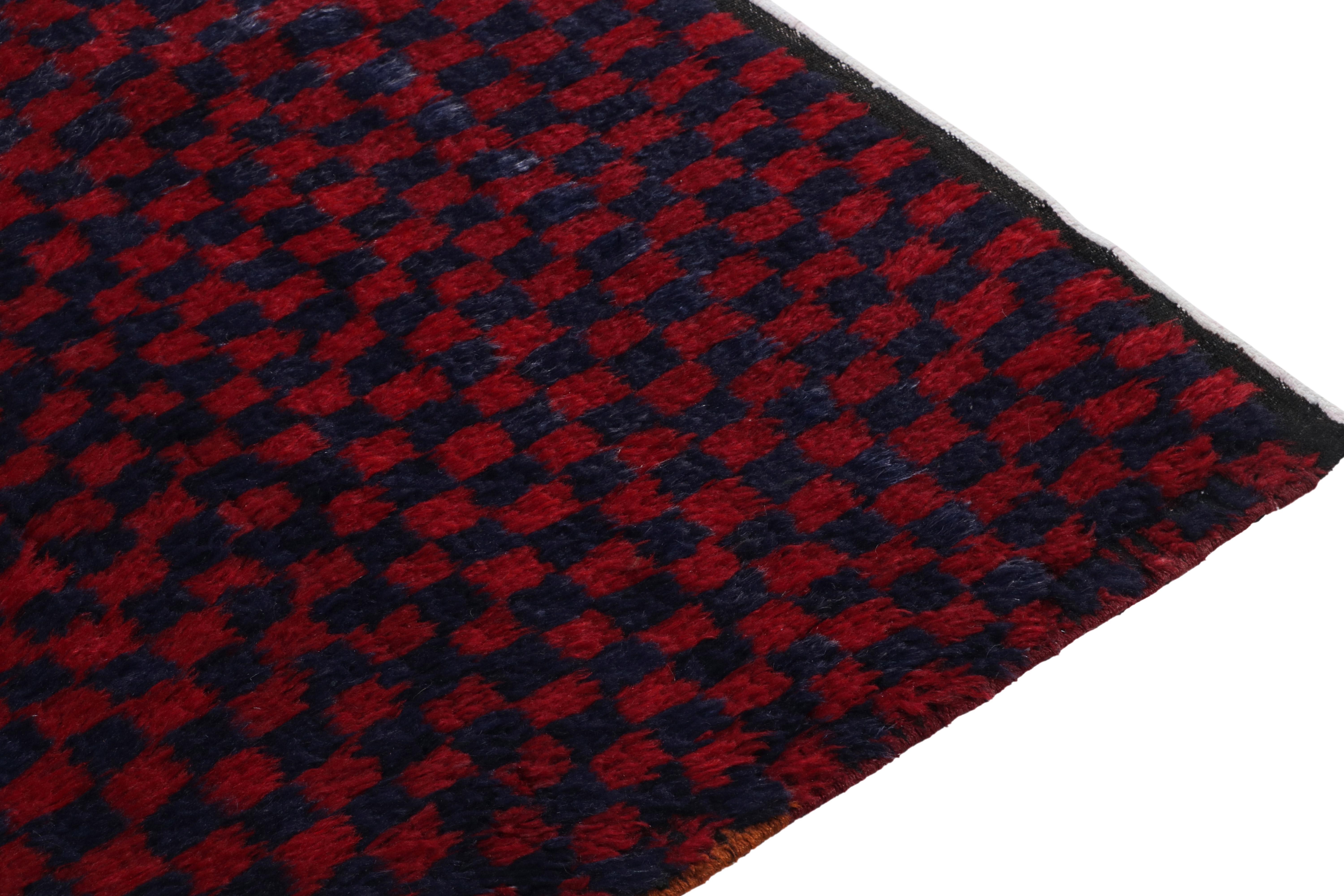 Hand-Knotted 1950s Vintage Tulu Rug in Red Blue Checkerboard Geometric Pattern by Rug & Kilim For Sale