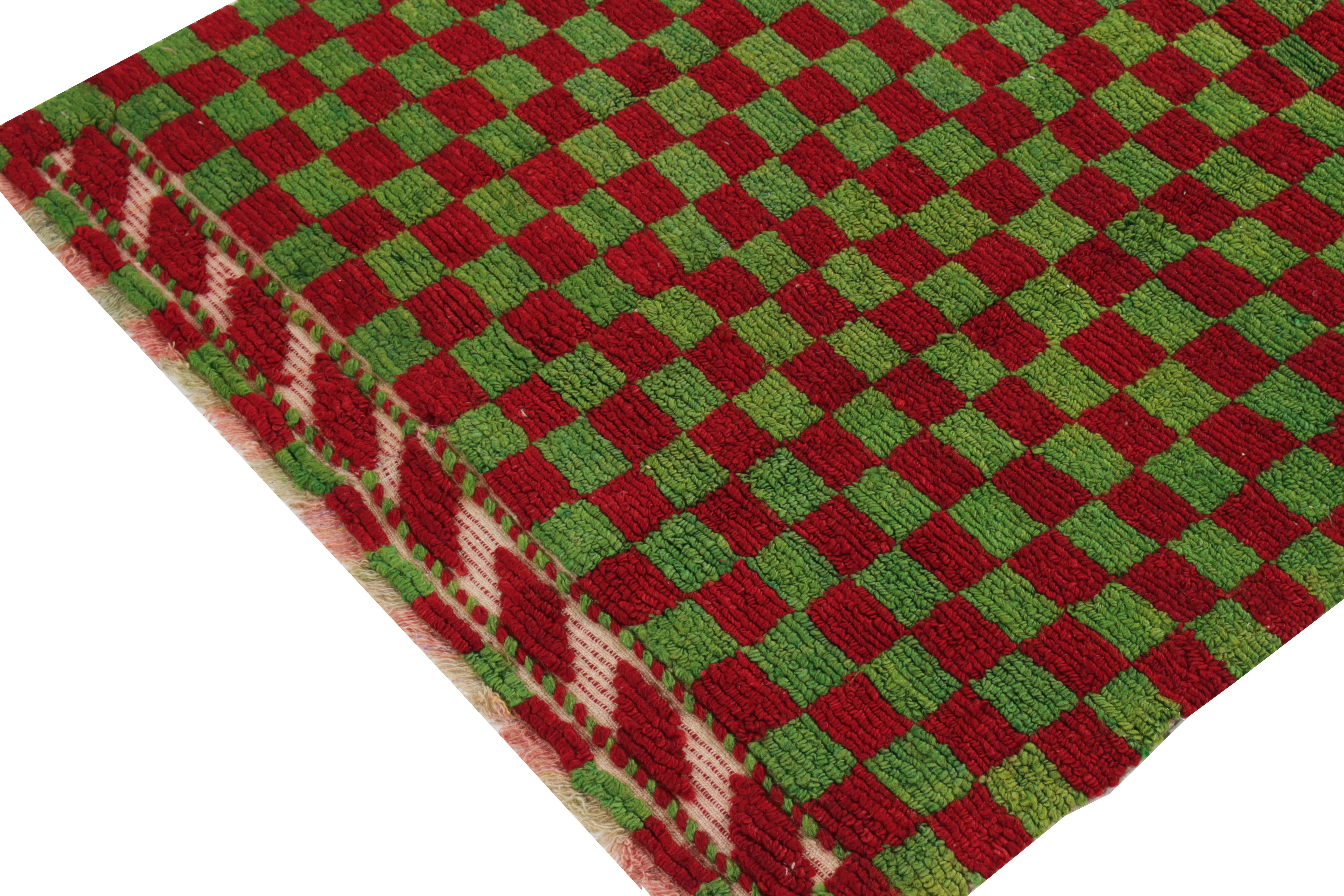 Turkish 1950s Vintage Tulu Rug in Red, Green Chessboard Geometric Pattern by Rug & Kilim For Sale