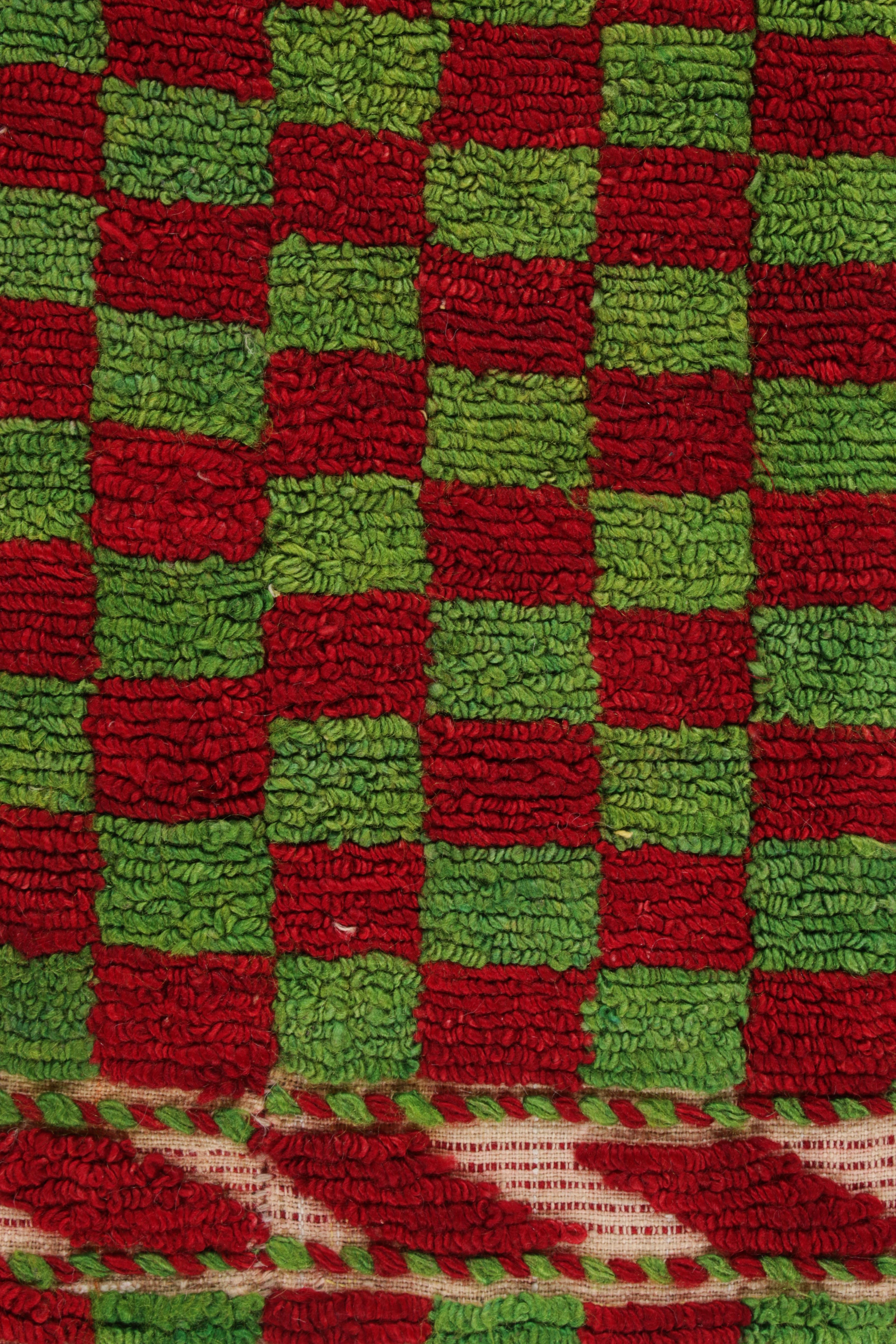 Hand-Knotted 1950s Vintage Tulu Rug in Red, Green Chessboard Geometric Pattern by Rug & Kilim For Sale