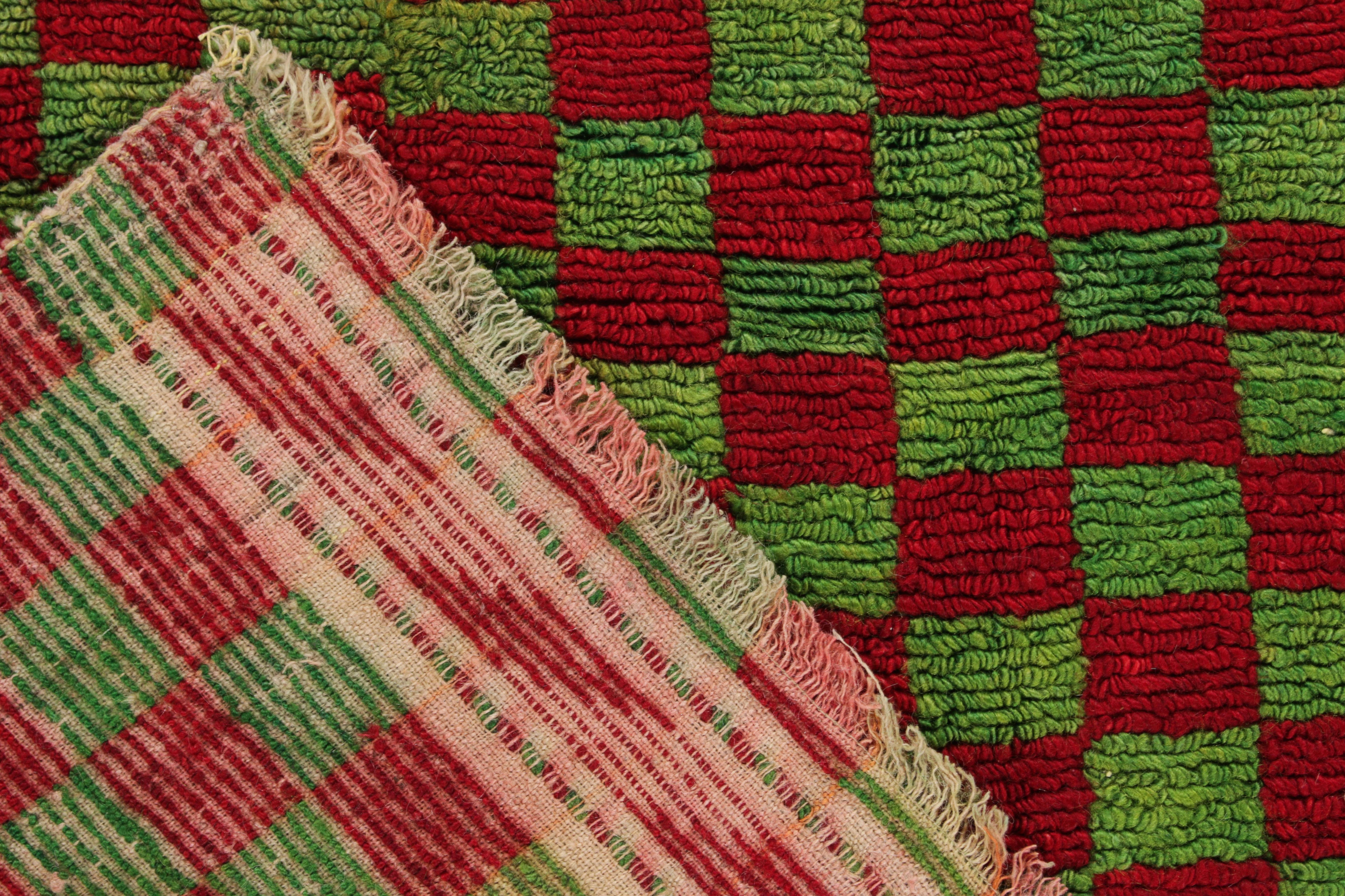 1950s Vintage Tulu Rug in Red, Green Chessboard Geometric Pattern by Rug & Kilim In Good Condition For Sale In Long Island City, NY