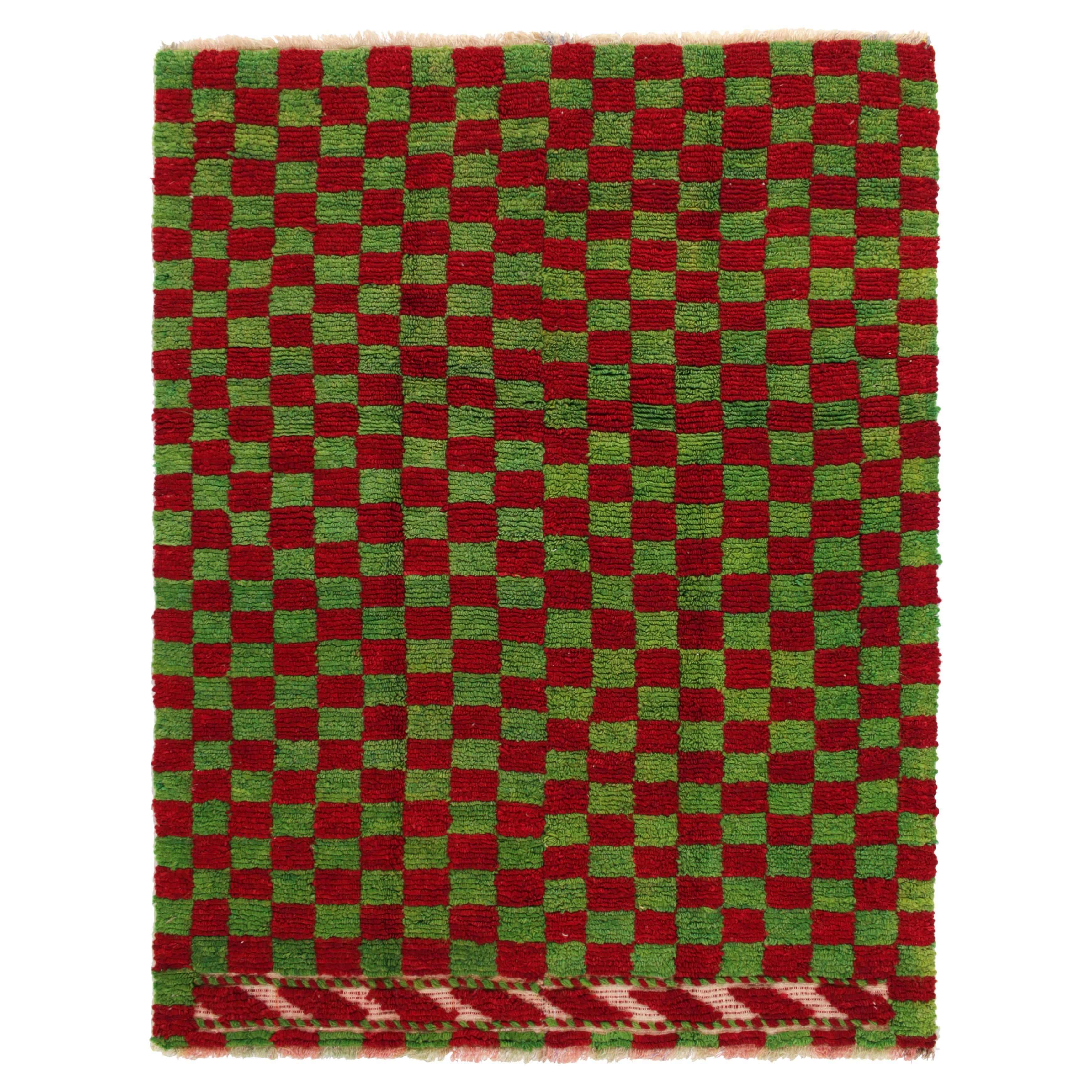 1950s Vintage Tulu Rug in Red, Green Chessboard Geometric Pattern by Rug & Kilim