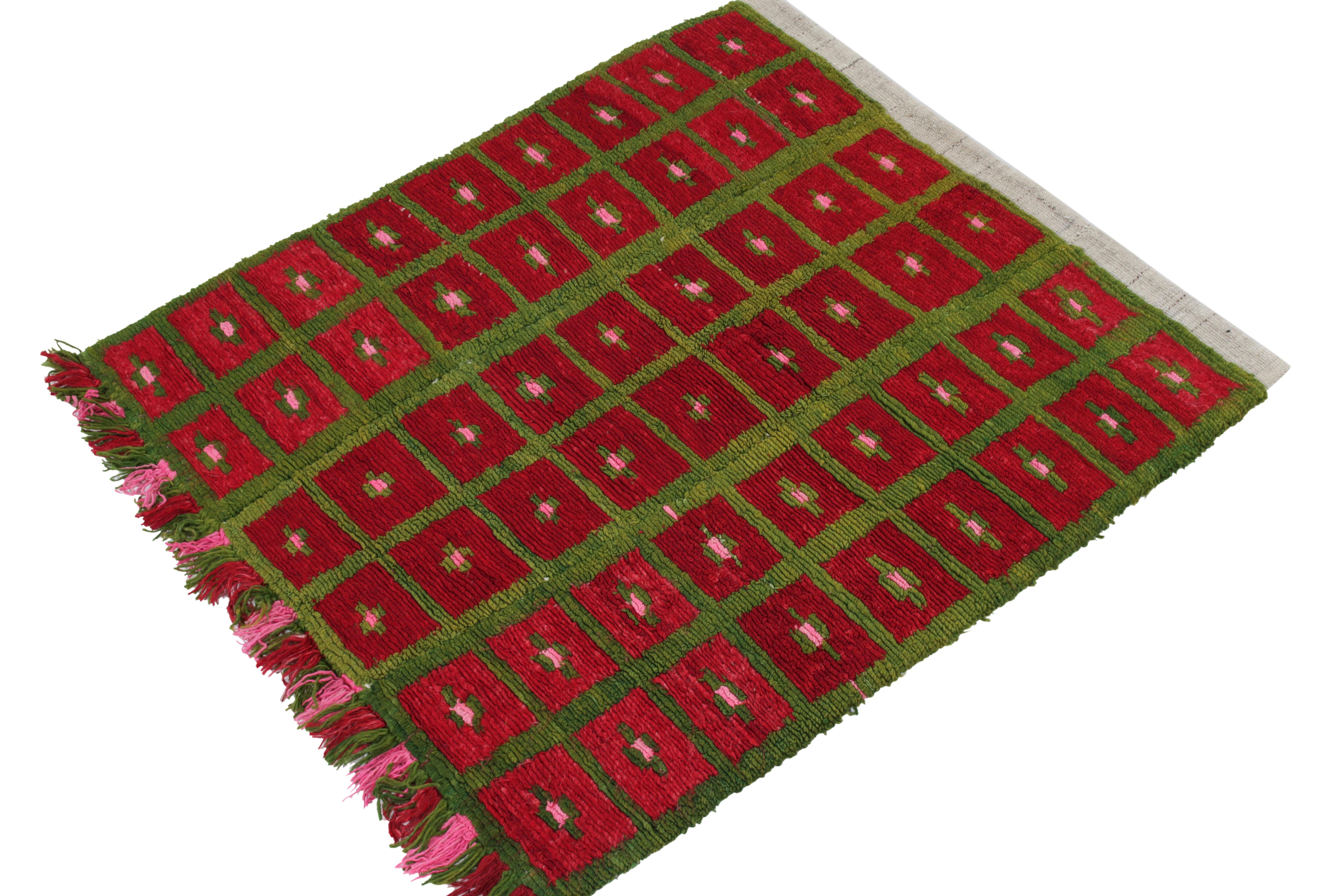 Tribal 1950s Vintage Tulu Rug in Red, Green, Pink Geometric Pattern by Rug & Kilim For Sale