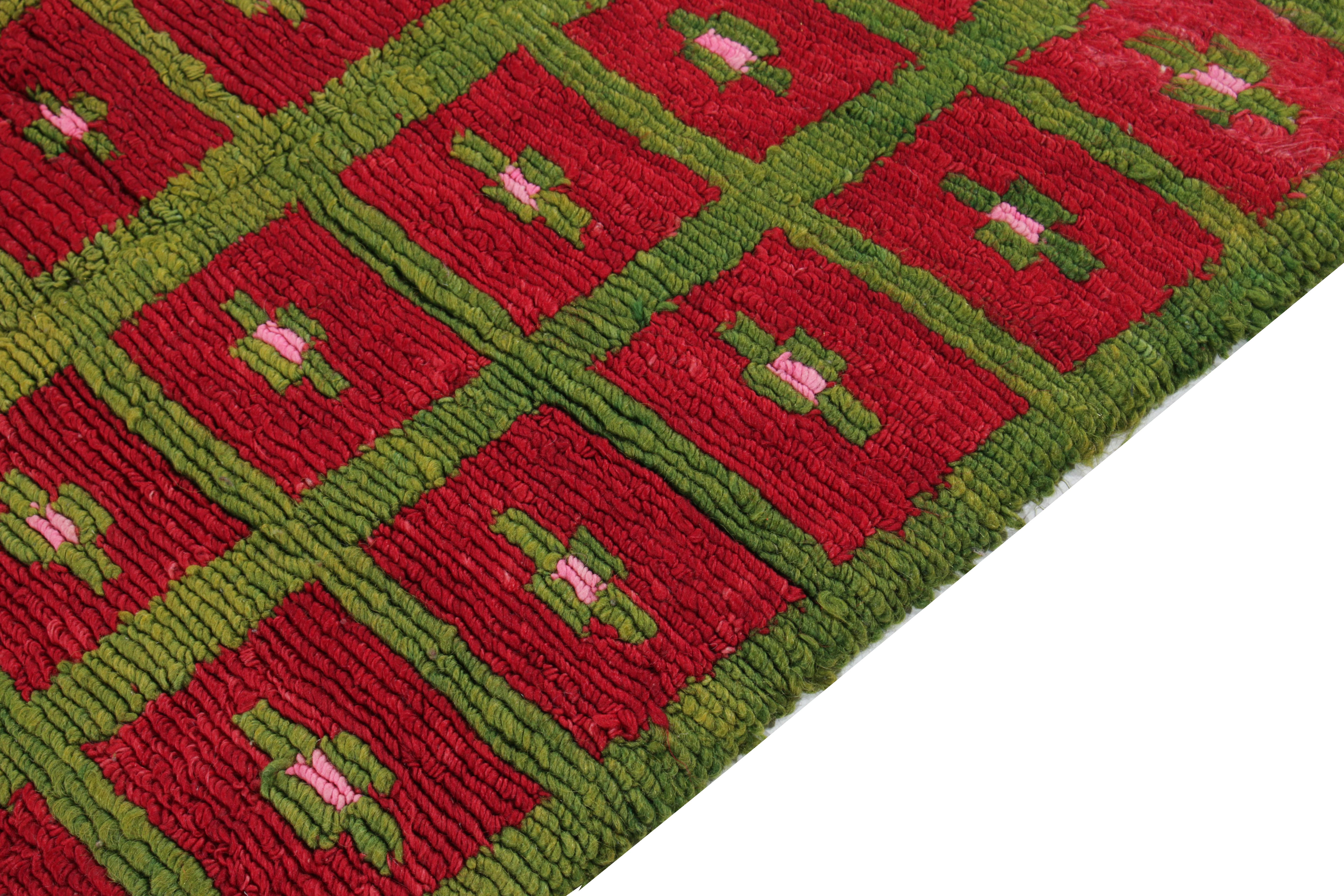 Hand-Knotted 1950s Vintage Tulu Rug in Red, Green, Pink Geometric Pattern by Rug & Kilim For Sale