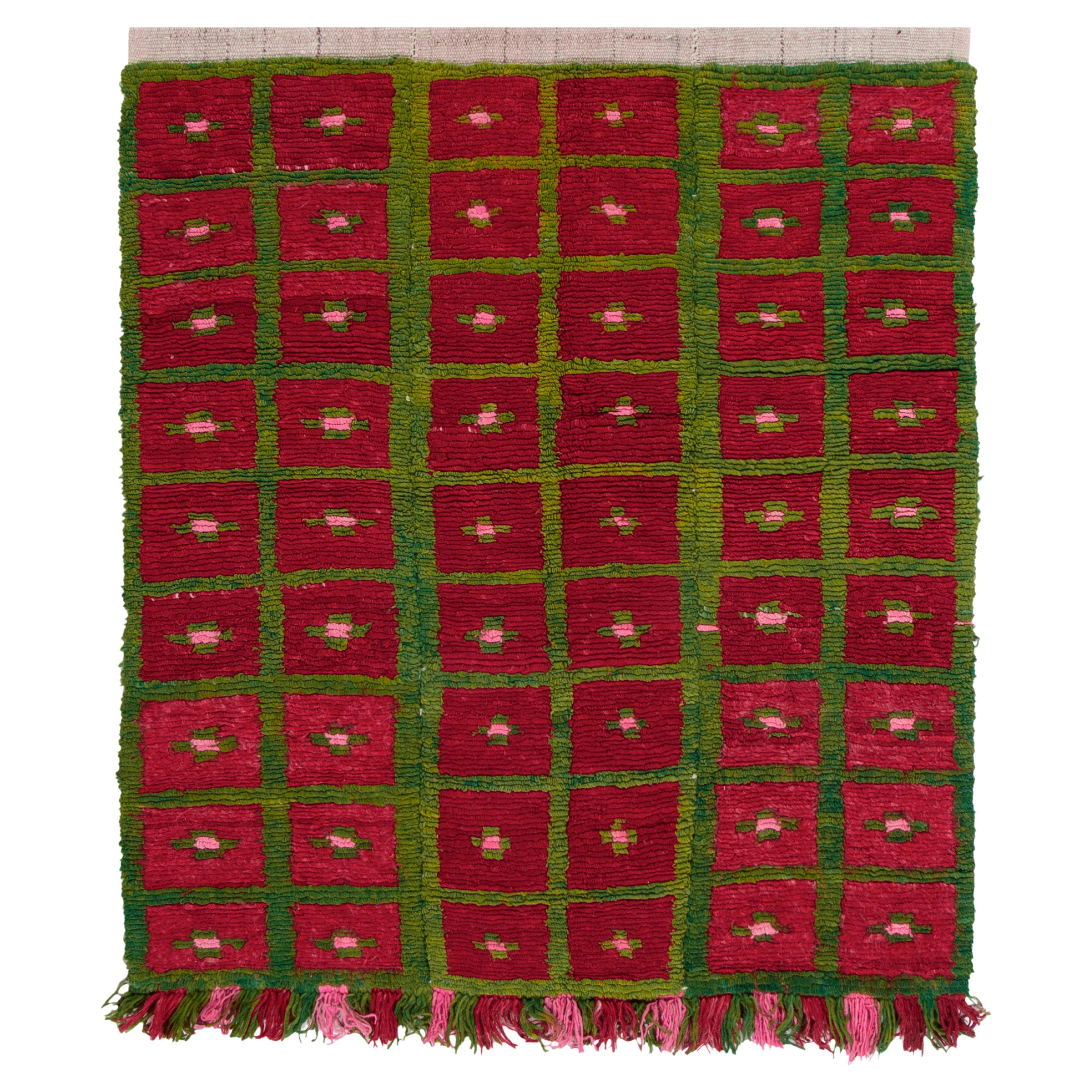 1950s Vintage Tulu Rug in Red, Green, Pink Geometric Pattern by Rug & Kilim