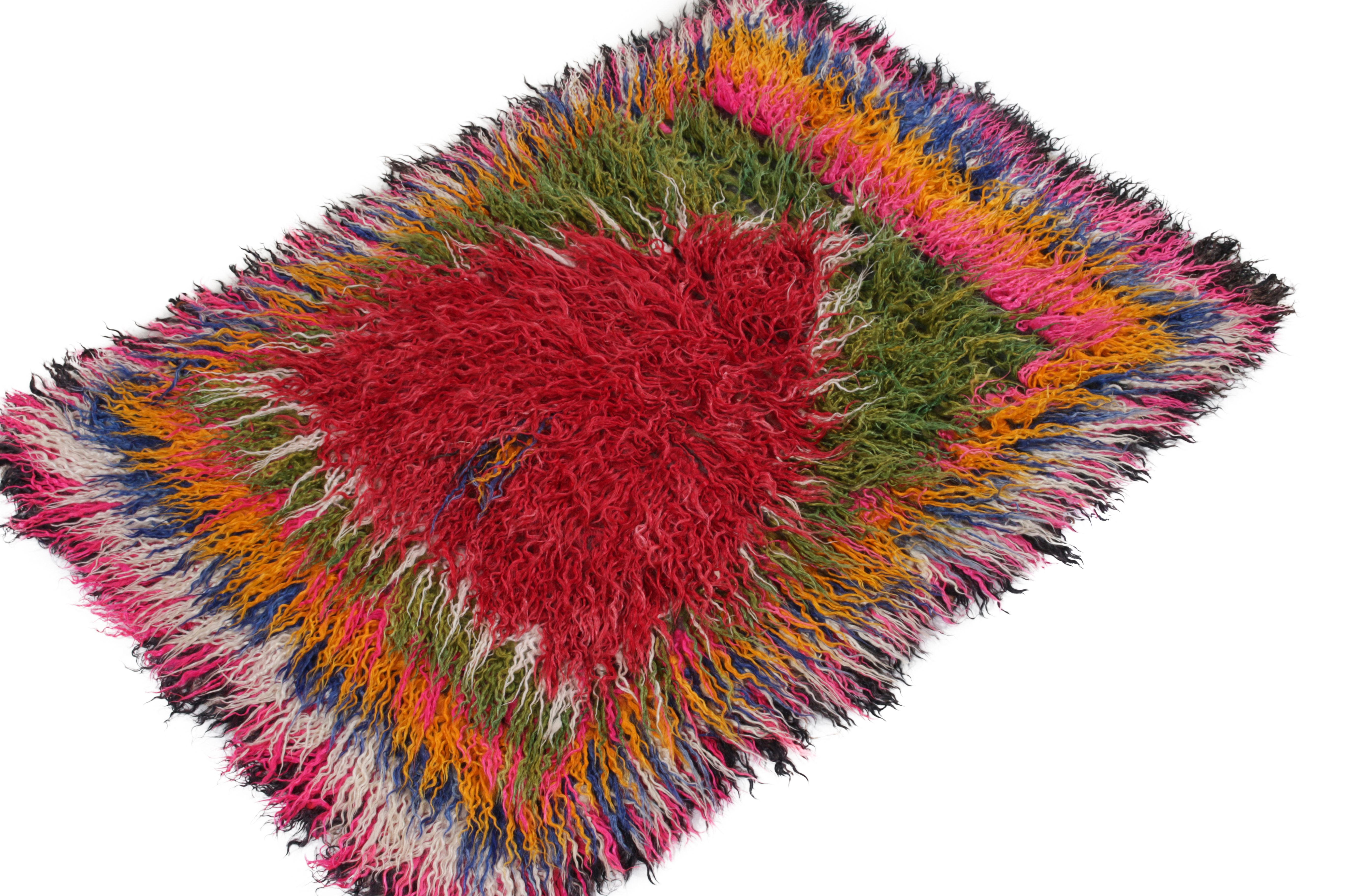 Tribal 1950s Vintage Tulu Rug in Red, Multicolor Geometric Pattern by Rug & Kilim For Sale