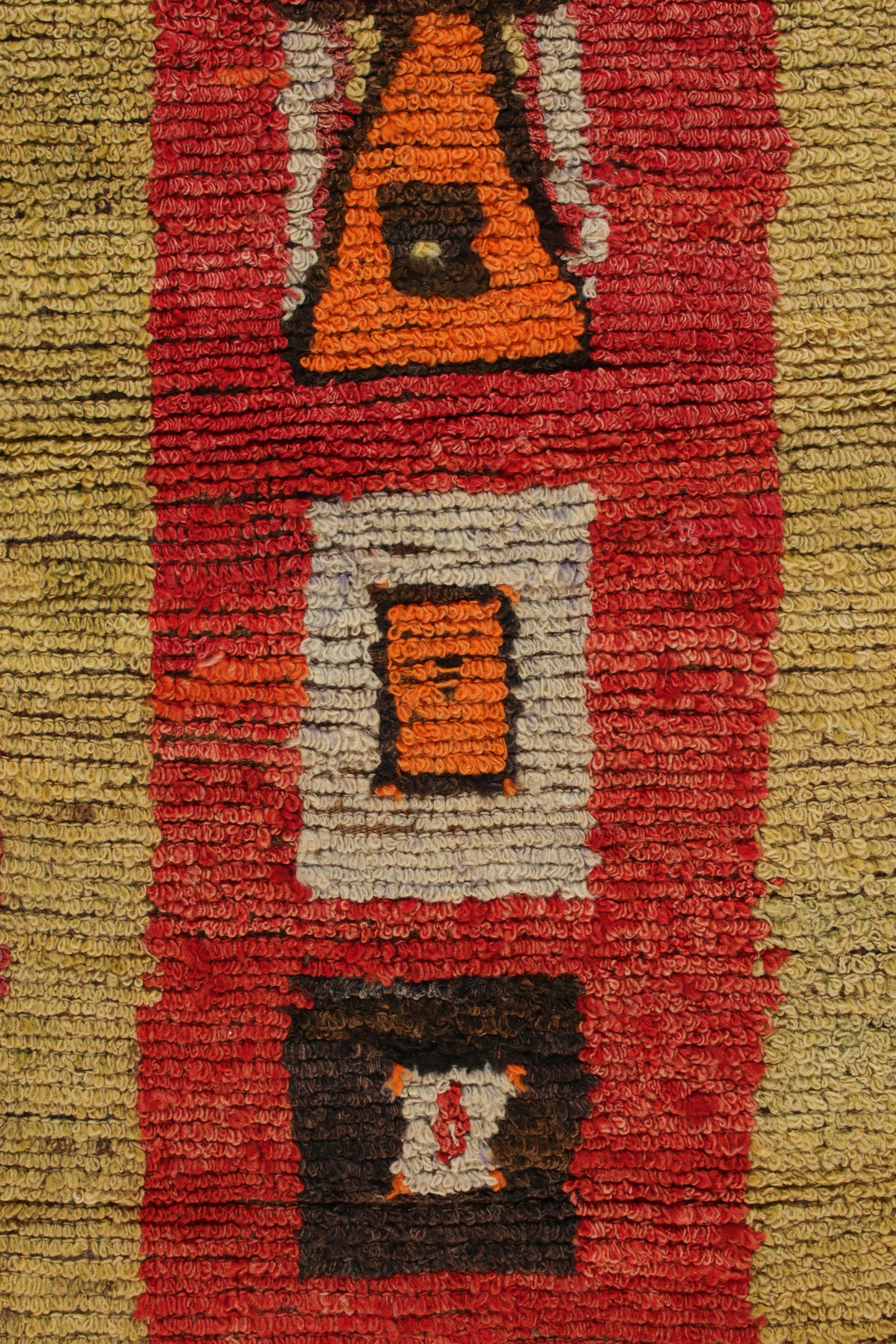 Hand-Knotted 1950s Vintage Tulu Rug in Red, Yellow, Brown Geometric Pattern by Rug & Kilim For Sale