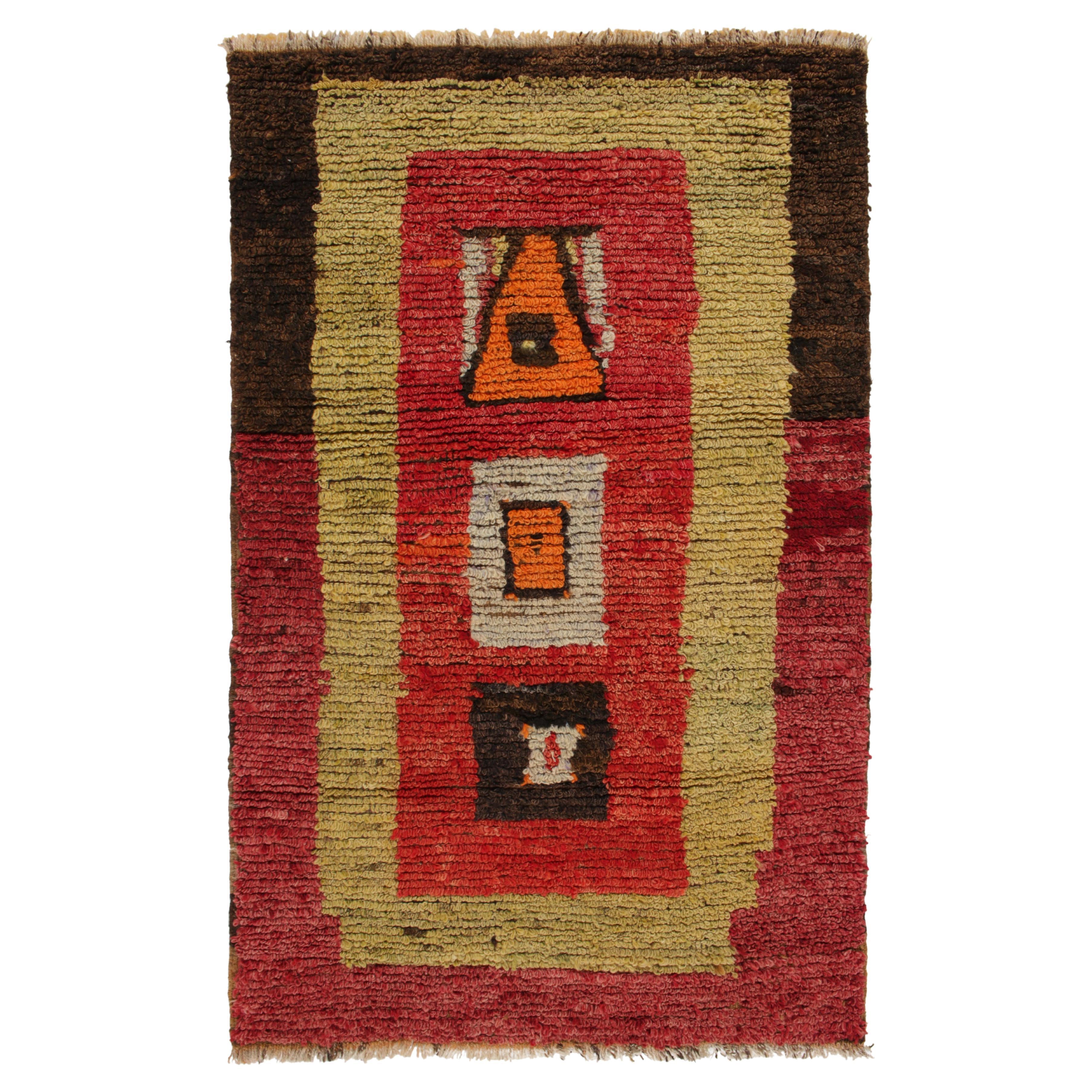 1950s Vintage Tulu Rug in Red, Yellow, Brown Geometric Pattern by Rug & Kilim For Sale