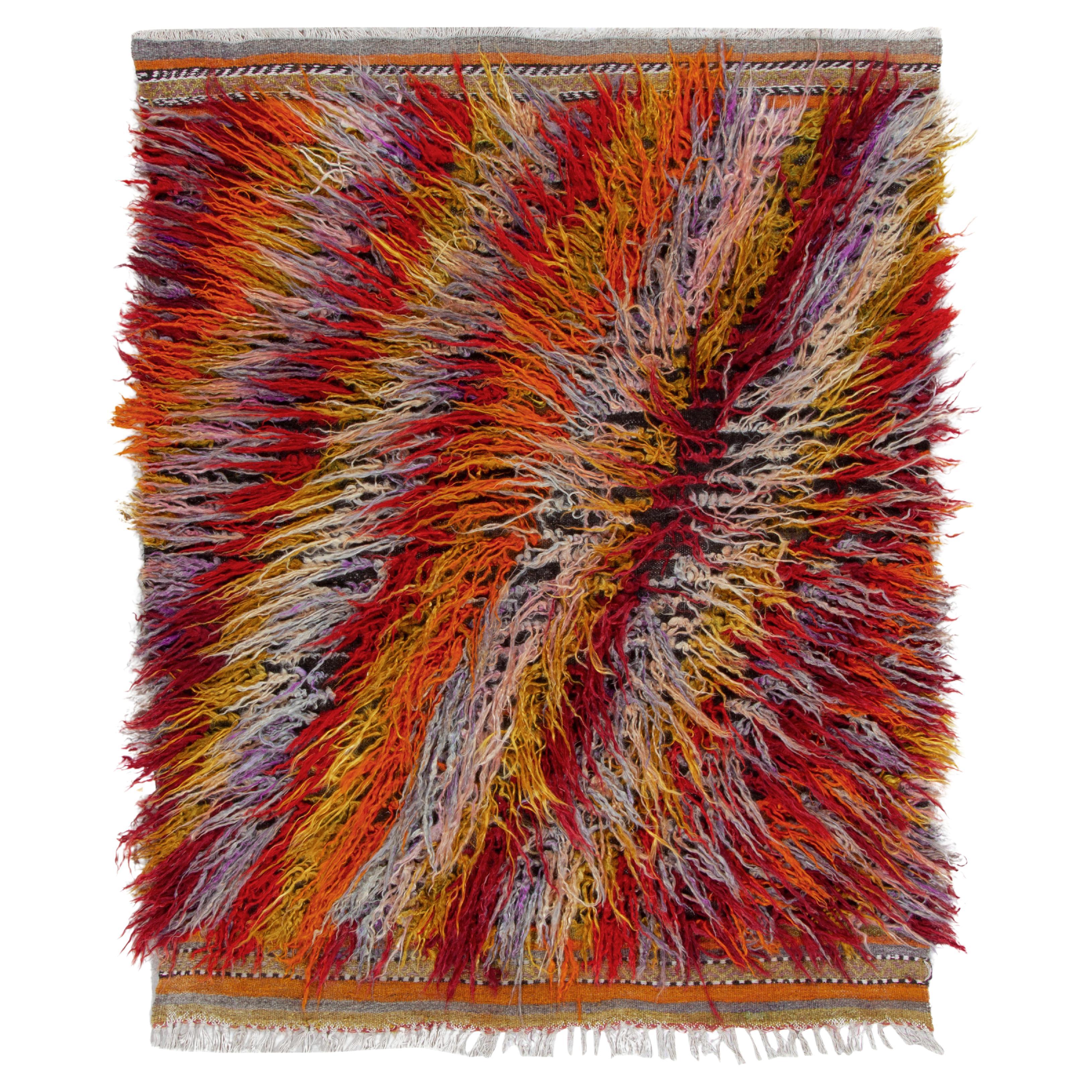 1950s Vintage Tulu Rug in Red, Yellow & Orange Shag Pile by Rug & Kilim For Sale
