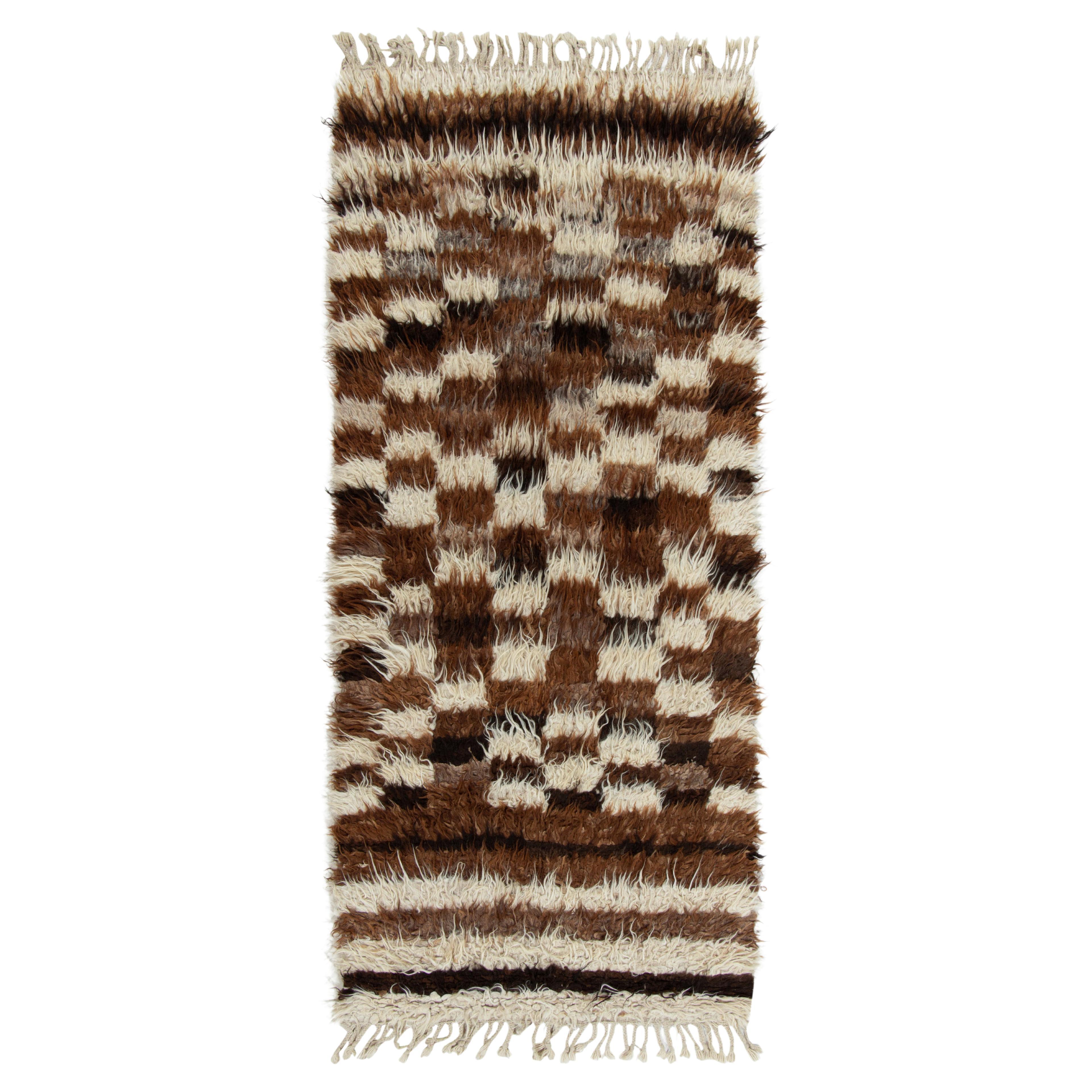 1950s Vintage Tulu Runner in Brown, White Geometric Pattern by Rug & Kilim