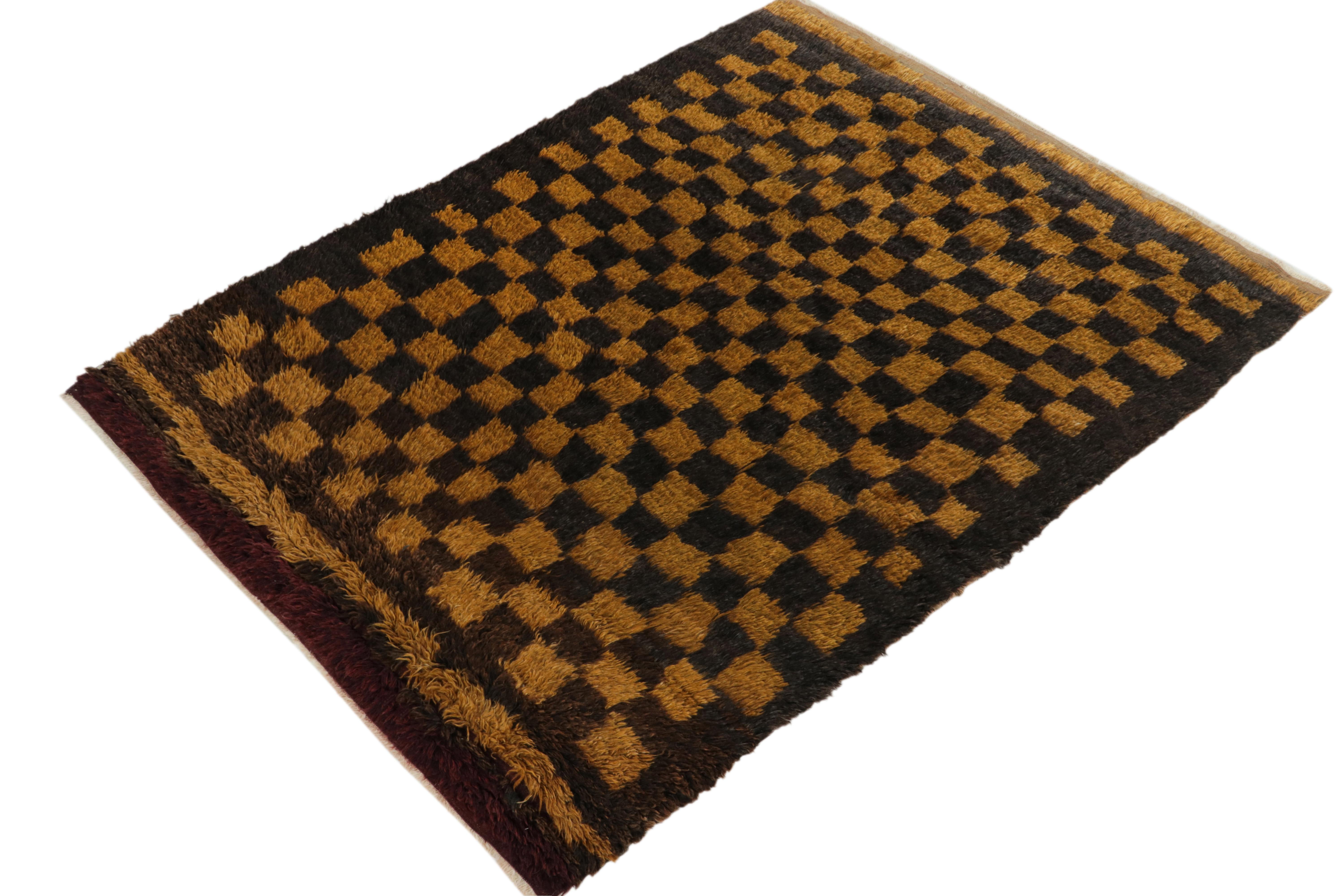 Tribal 1950s Vintage Tulu Shag Rug in Black, Golden Chessboard Geometric by Rug & Kilim For Sale