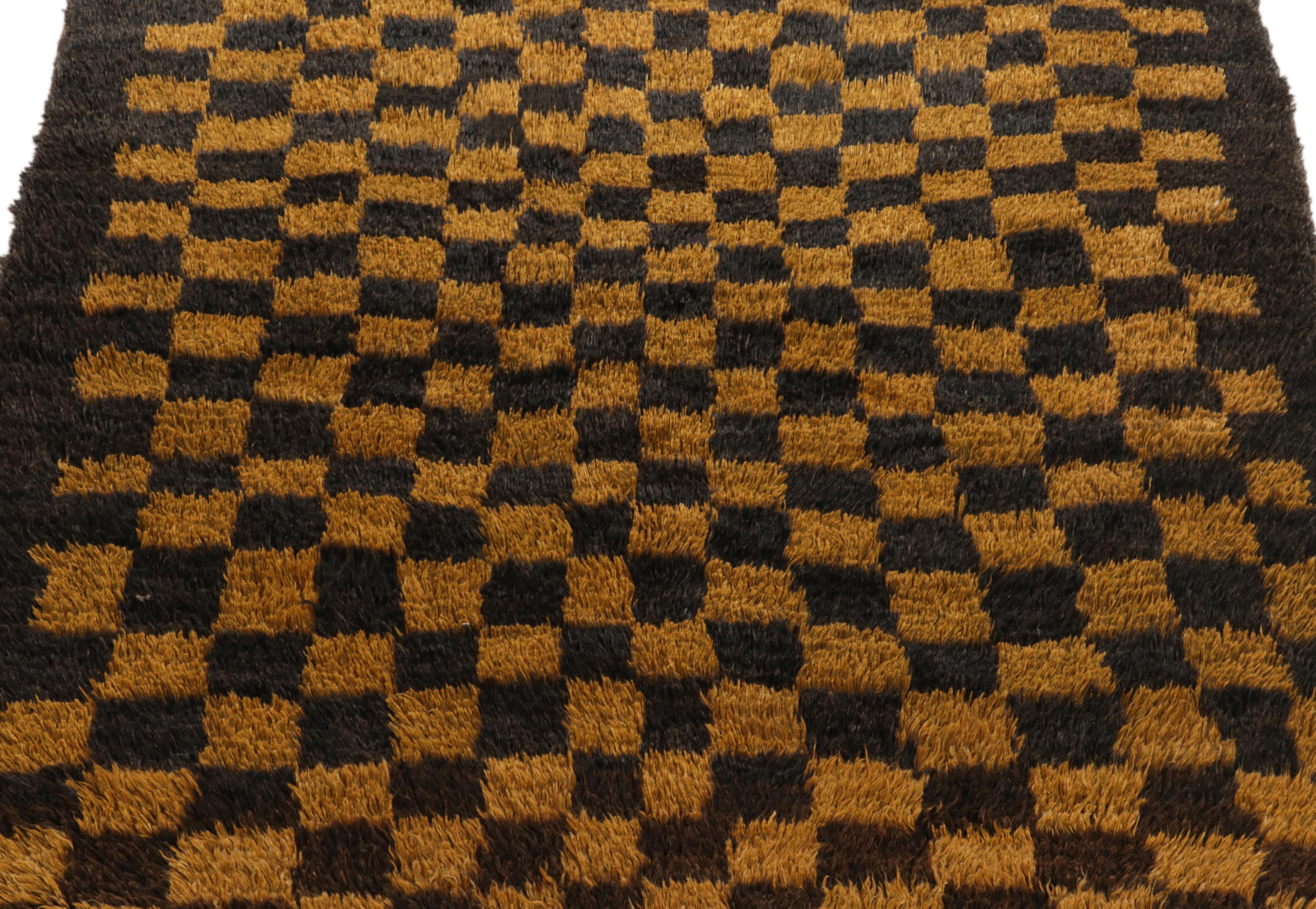 Turkish 1950s Vintage Tulu Shag Rug in Black, Golden Chessboard Geometric by Rug & Kilim For Sale