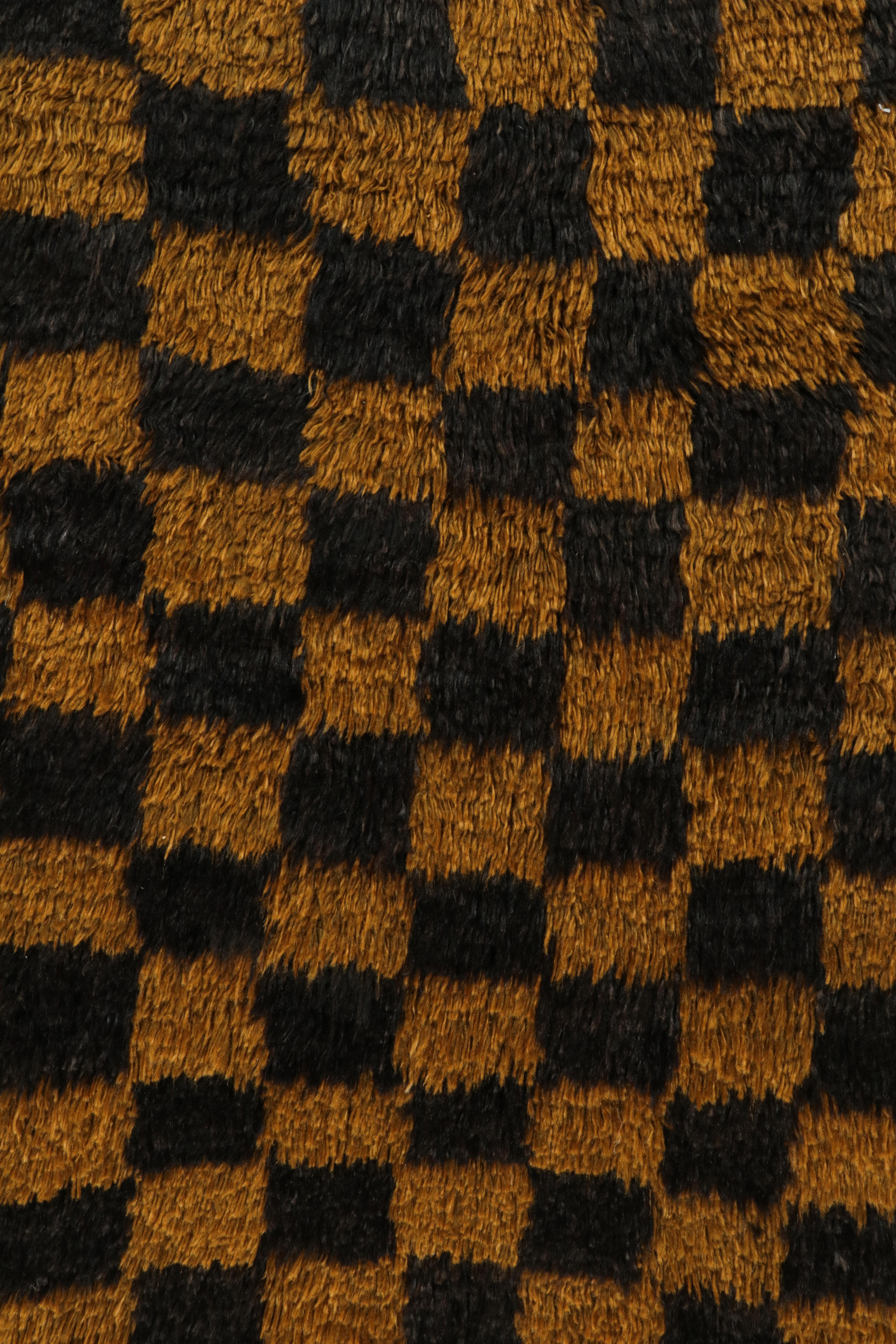 Hand-Knotted 1950s Vintage Tulu Shag Rug in Black, Golden Chessboard Geometric by Rug & Kilim For Sale