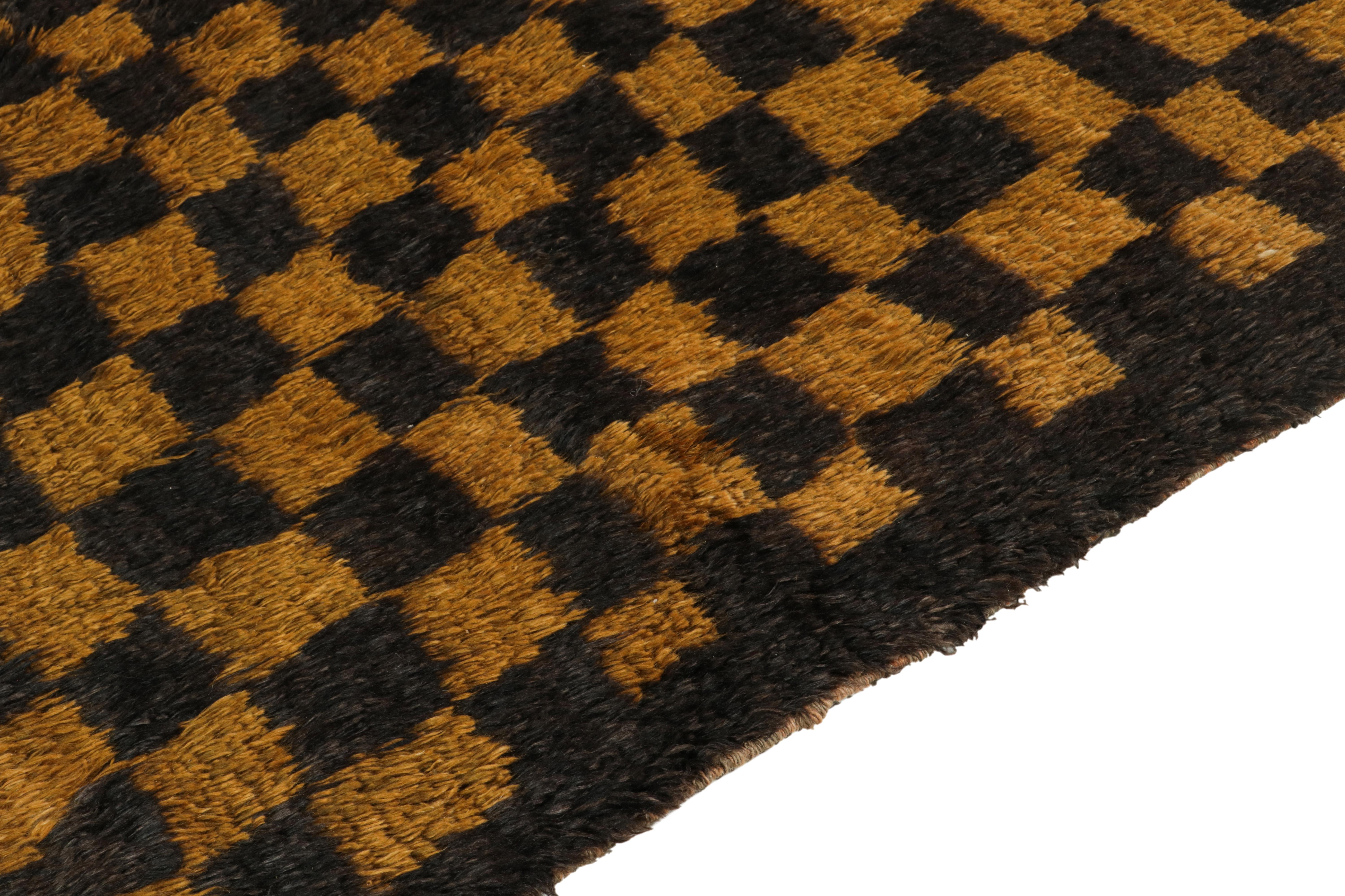 1950s Vintage Tulu Shag Rug in Black, Golden Chessboard Geometric by Rug & Kilim In Good Condition For Sale In Long Island City, NY