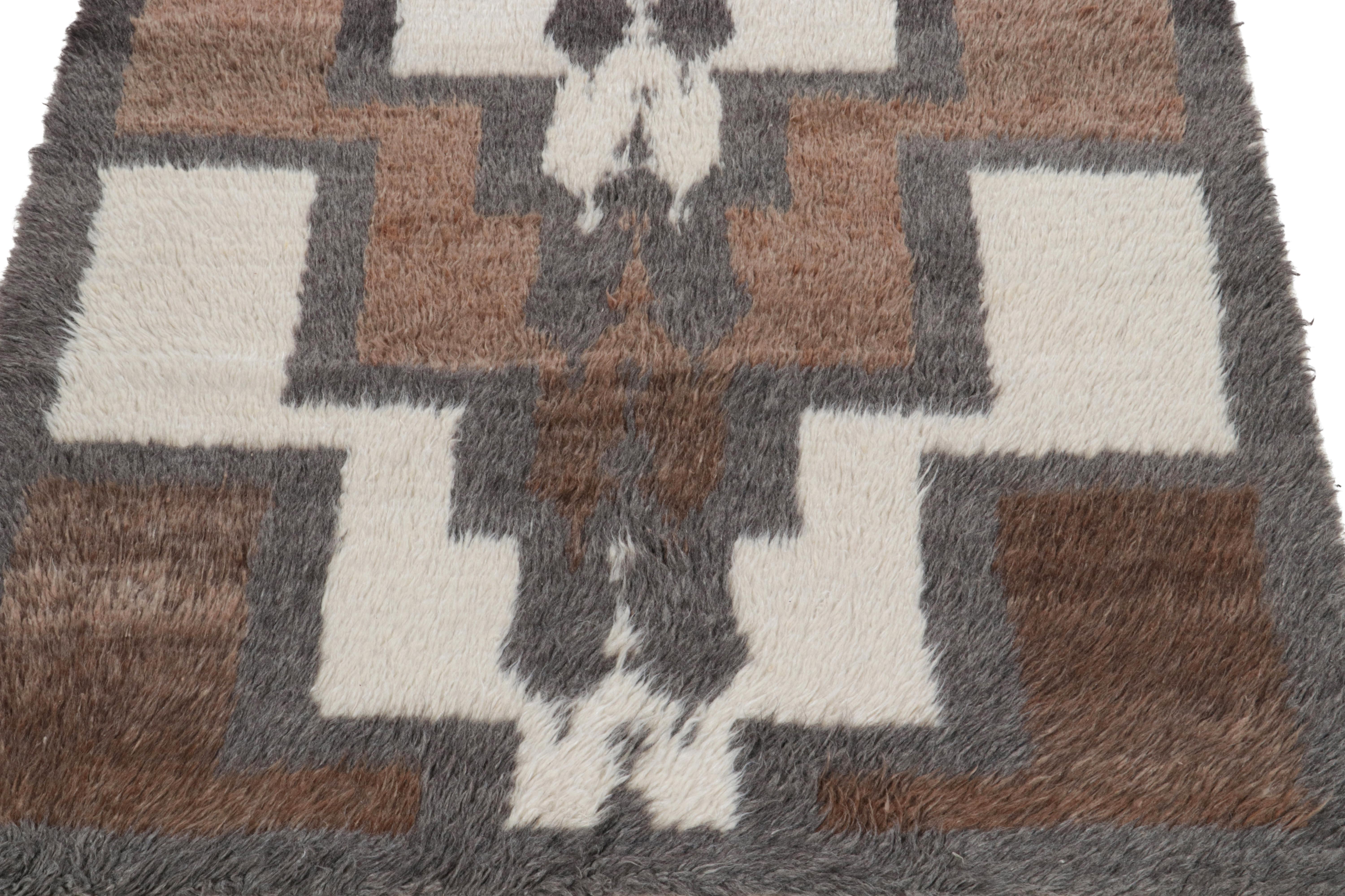 Turkish 1950s Vintage Tulu Shag Rug in Brown, Gray Geometric Pattern by Rug & Kilim For Sale