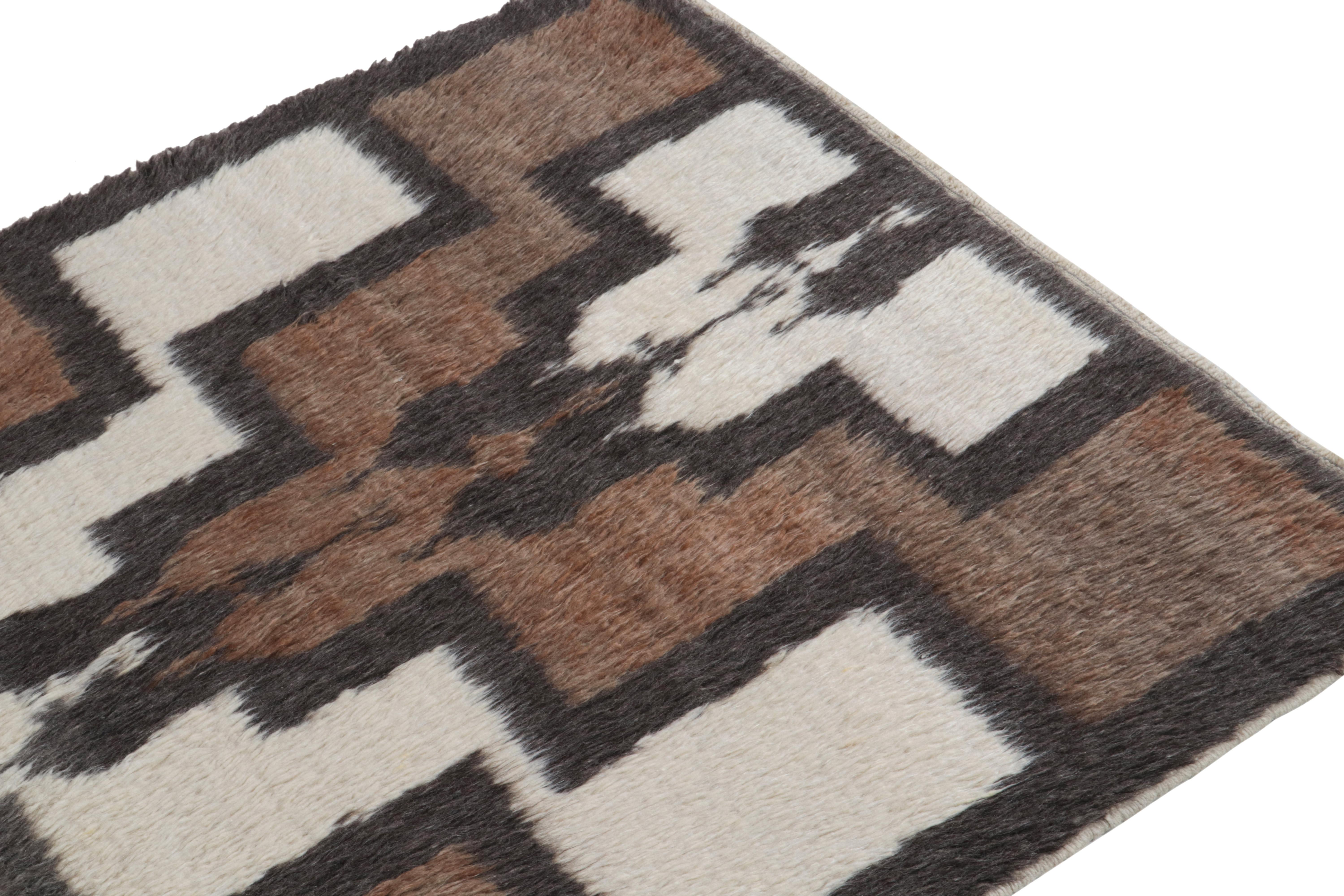 Hand-Knotted 1950s Vintage Tulu Shag Rug in Brown, Gray Geometric Pattern by Rug & Kilim For Sale