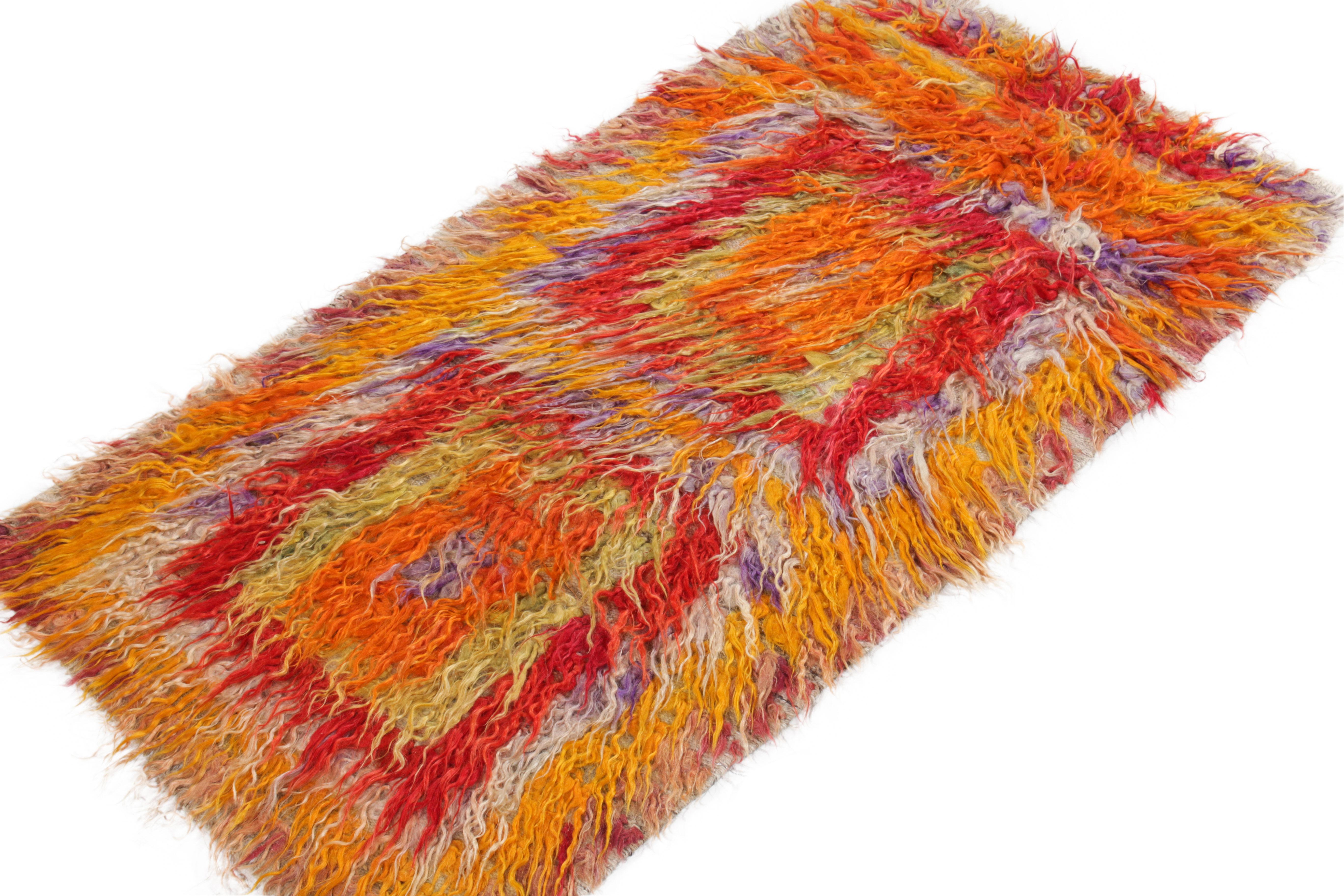 Tribal 1950s Vintage Tulu Shag Rug in Red, Orange Geometric Pattern by Rug & Kilim For Sale