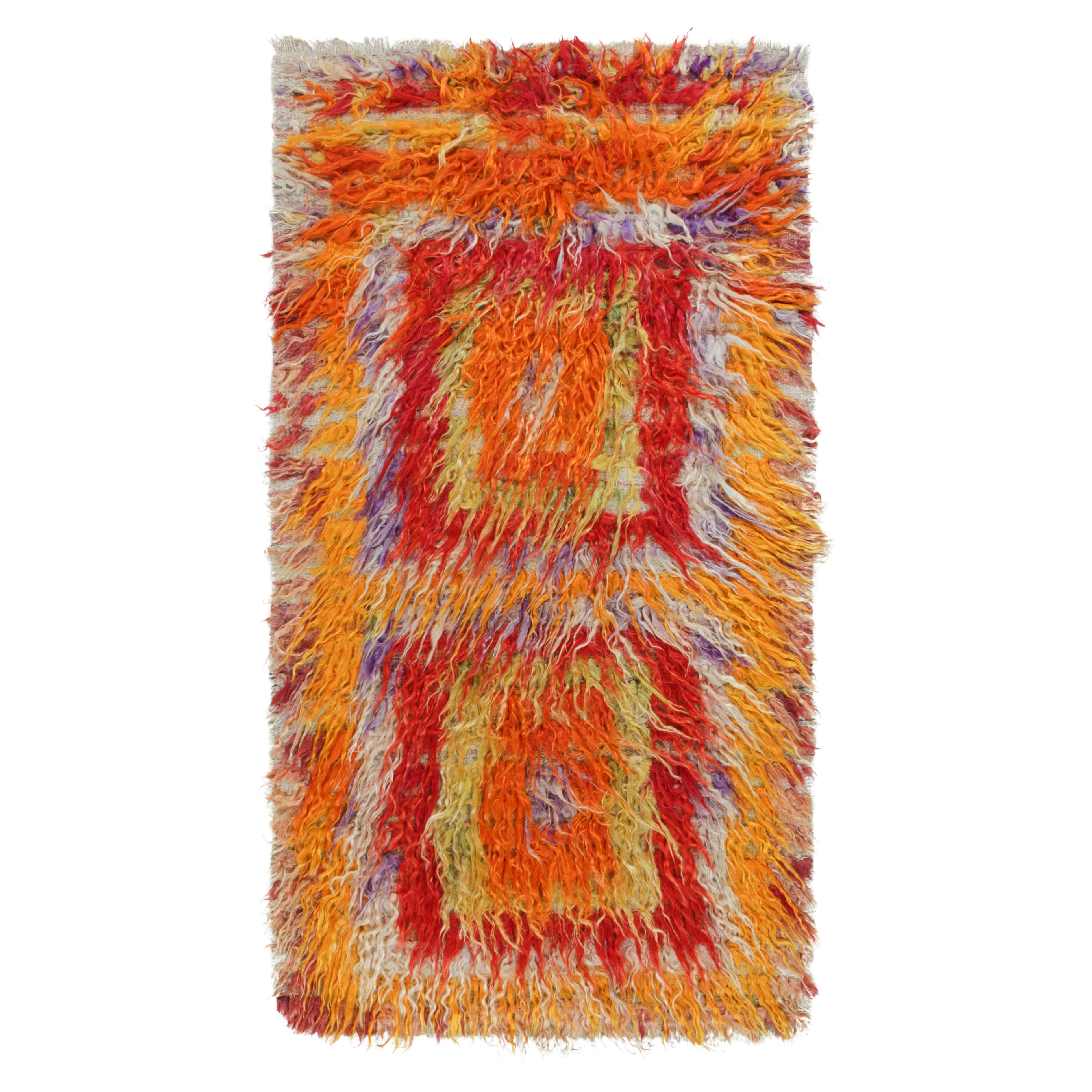 1950s Vintage Tulu Shag Rug in Red, Orange Geometric Pattern by Rug & Kilim