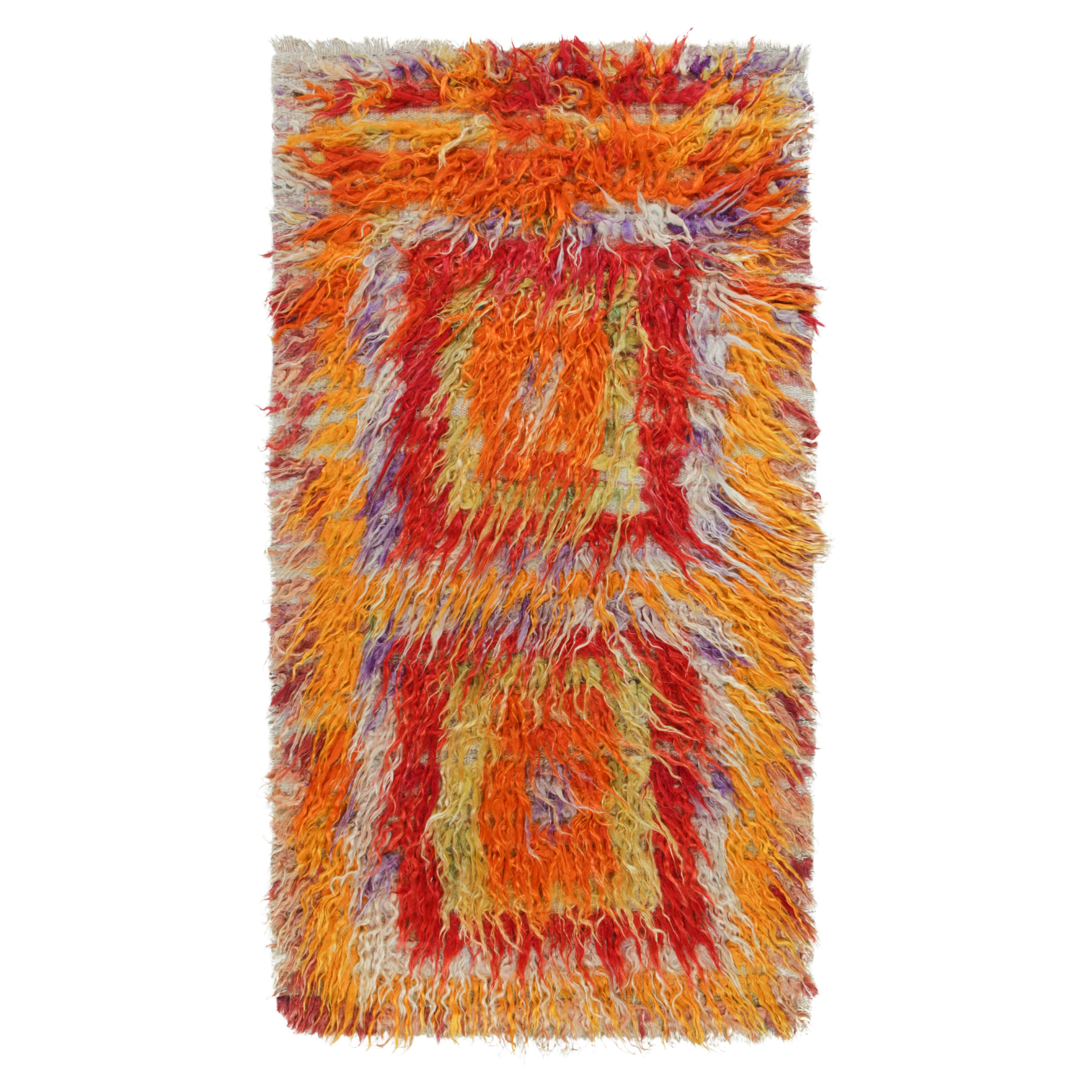 1950s Vintage Tulu Shag Rug in Red, Orange Geometric Pattern by Rug & Kilim For Sale