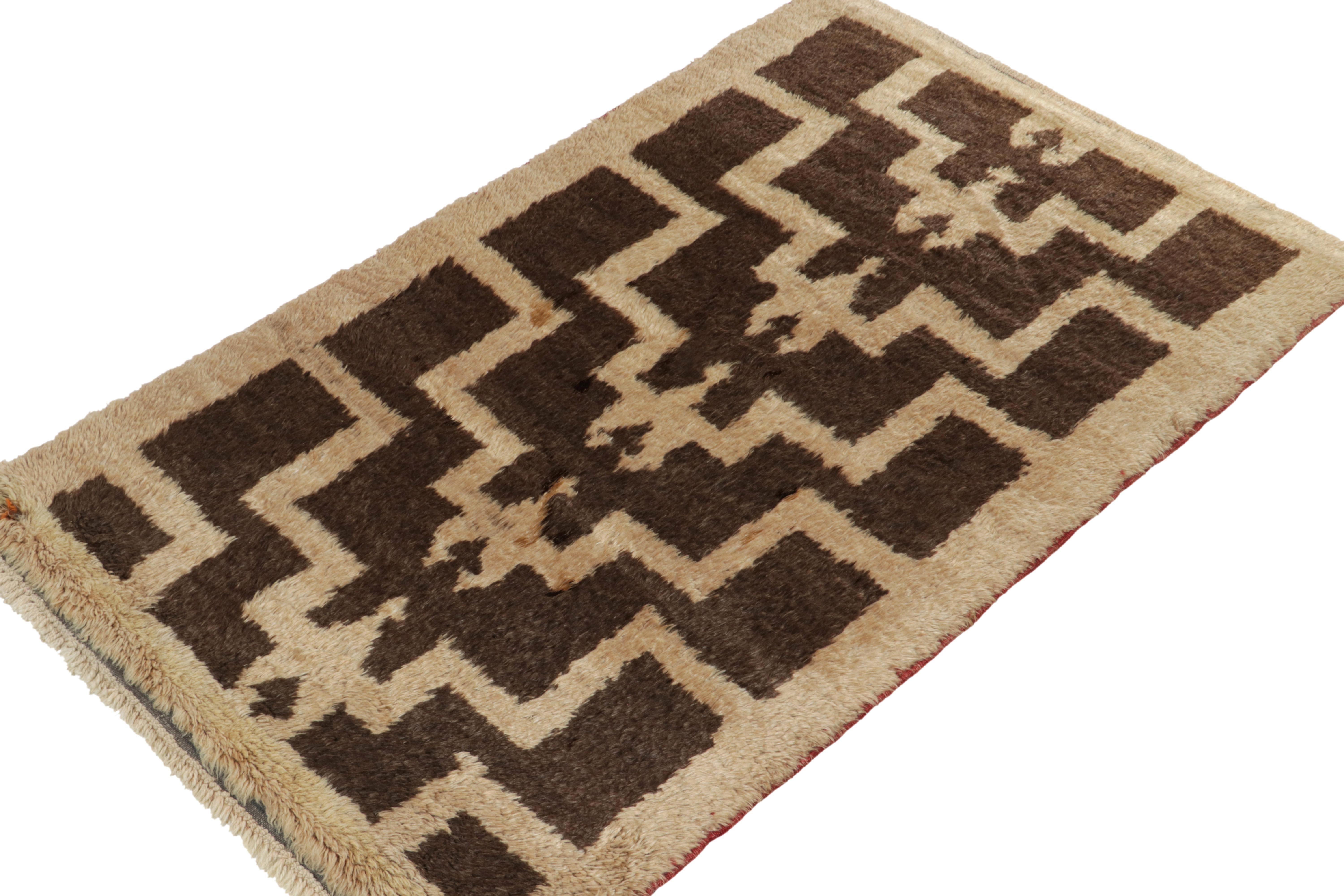 Turkish 1950s Vintage Tulu Tribal Rug in Brown & Beige Geometric Pattern by Rug & Kilim For Sale