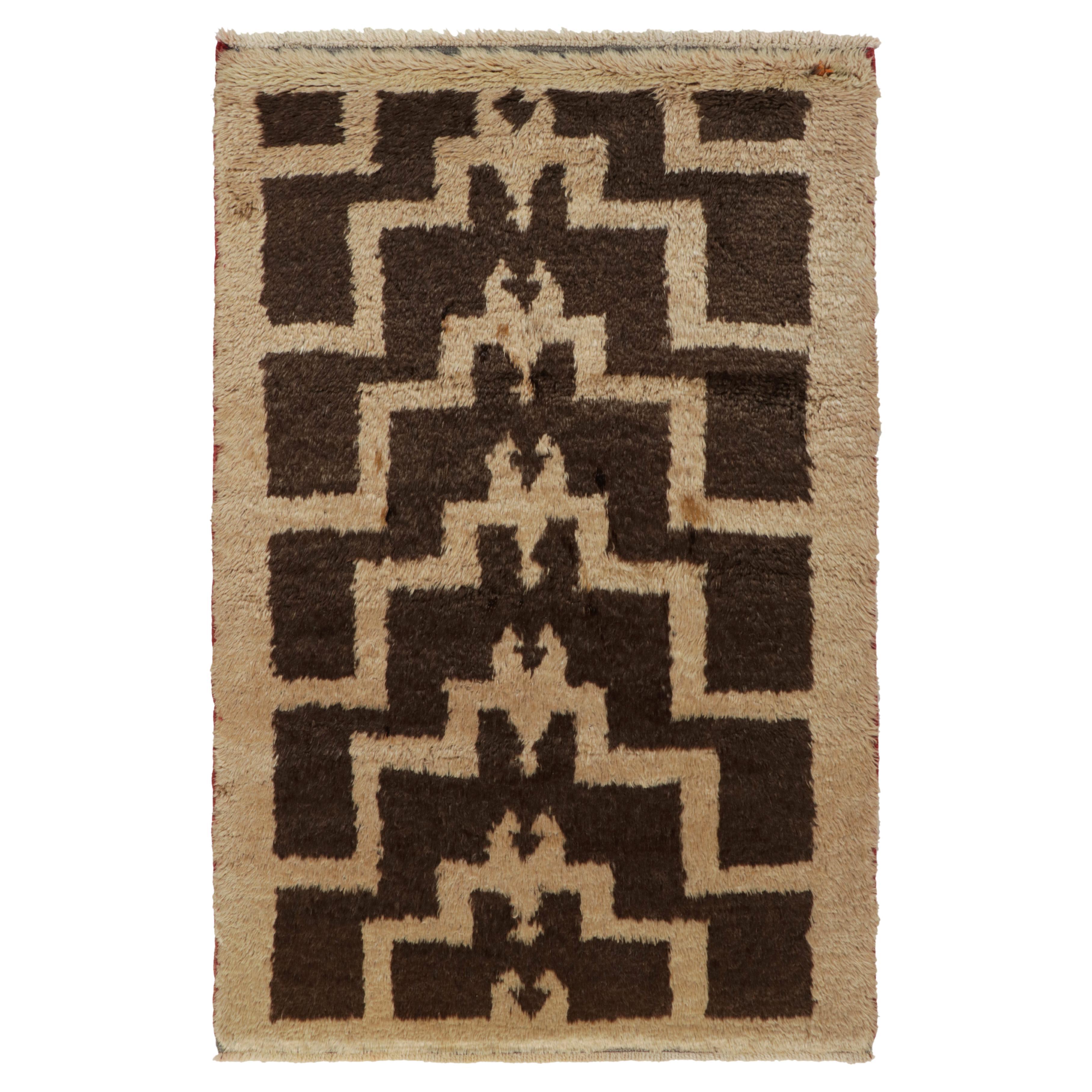 1950s Vintage Tulu Tribal Rug in Brown & Beige Geometric Pattern by Rug & Kilim For Sale