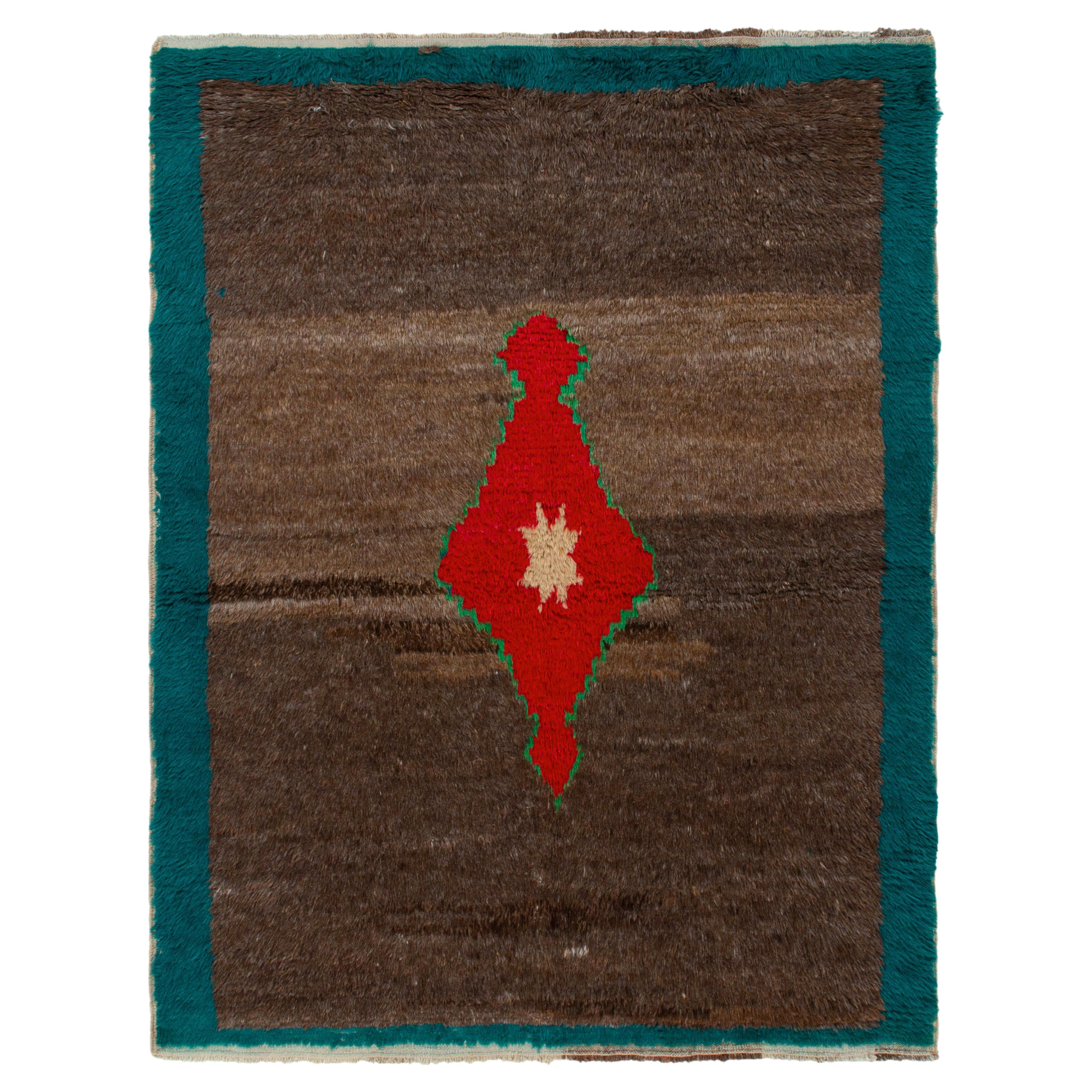 1950s Vintage Tulu Tribal Rug in Brown, Blue Medallion Pattern by Rug & Kilim
