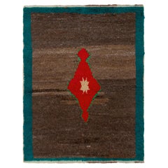 1950s Vintage Tulu Tribal Rug in Brown, Blue Border, Red Medallion Pattern