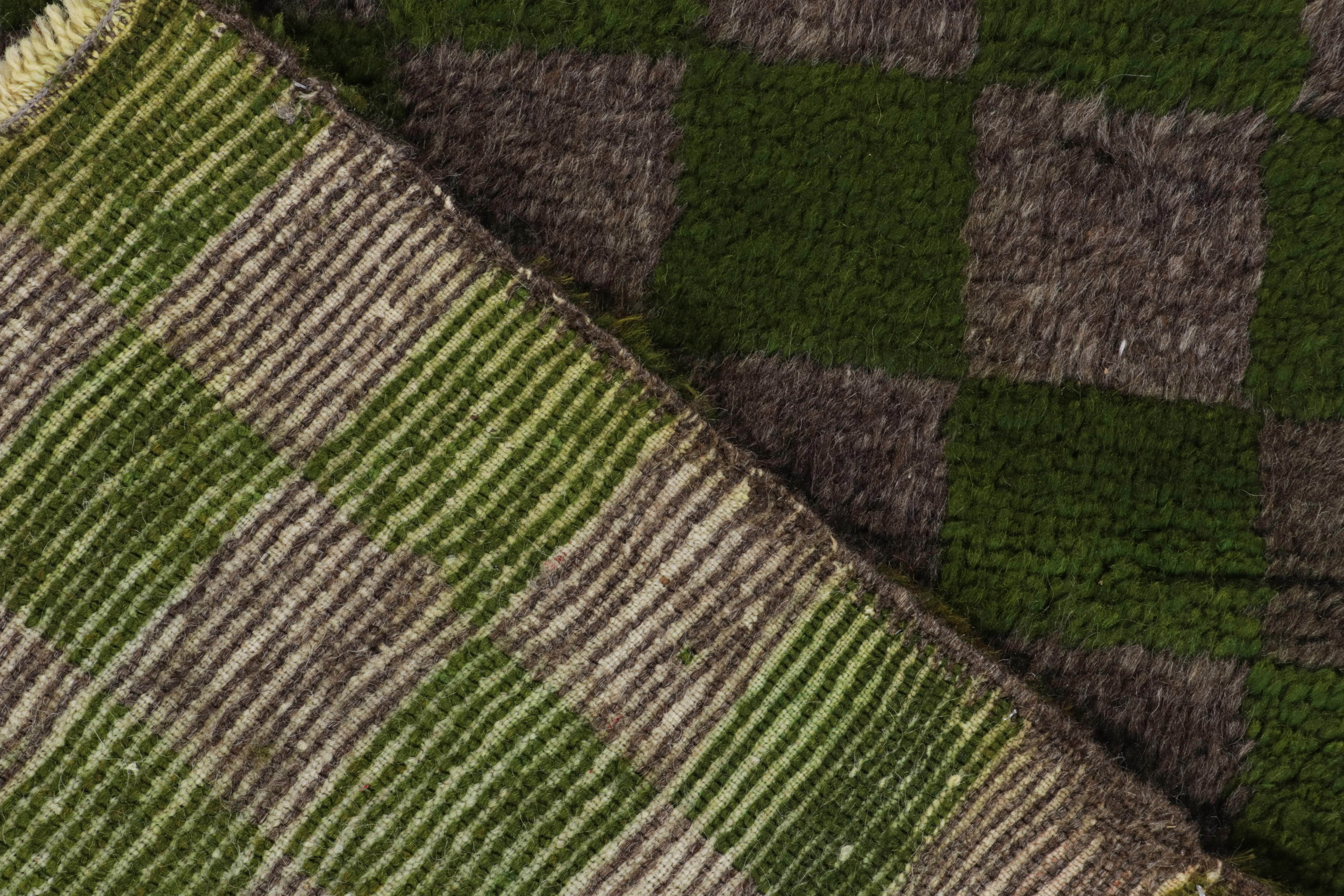 Wool 1950s Vintage Tulu Tribal Rug in Green, Gray Geometric Pattern by Rug & Kilim For Sale