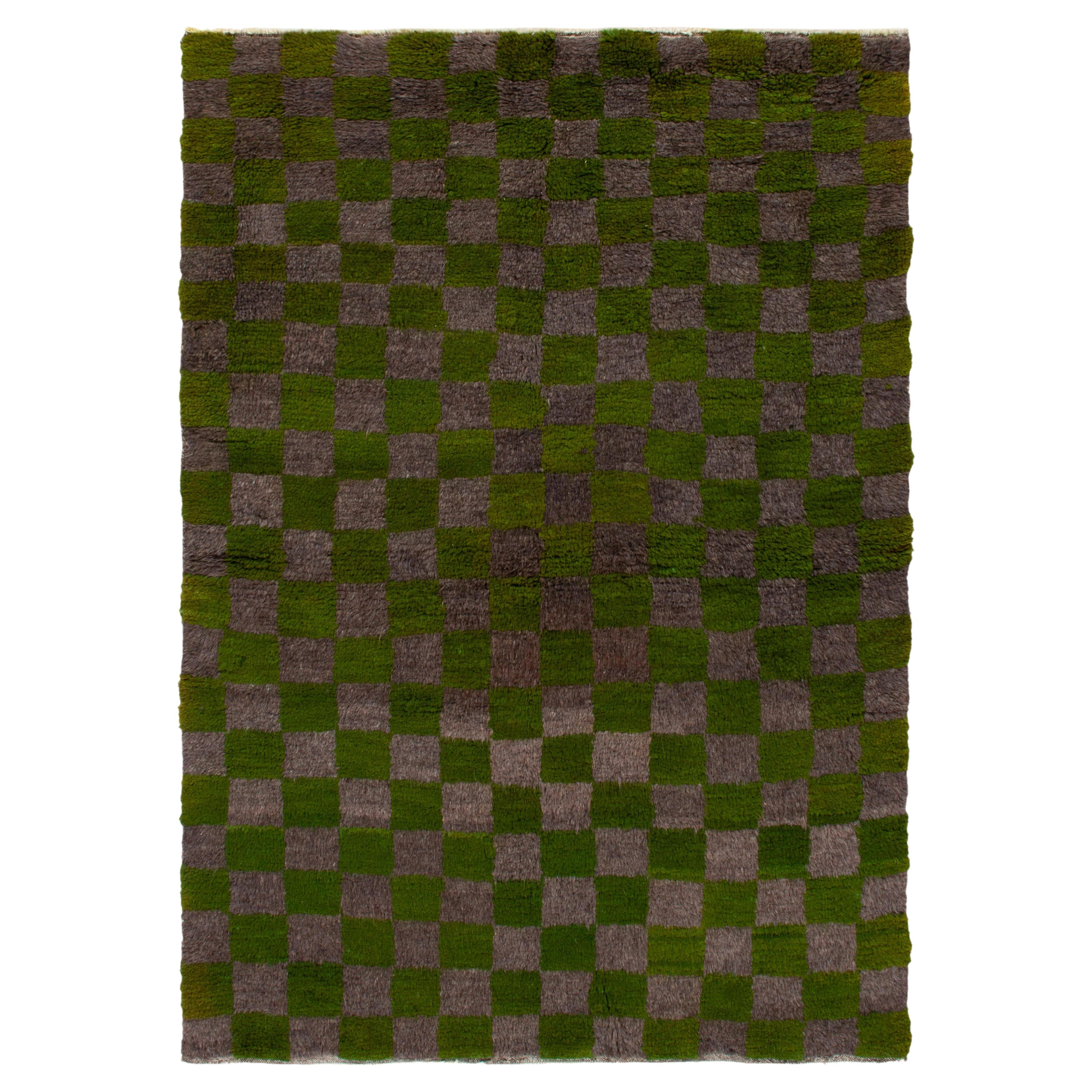 1950s Vintage Tulu Tribal Rug in Green, Gray Geometric Pattern by Rug & Kilim For Sale