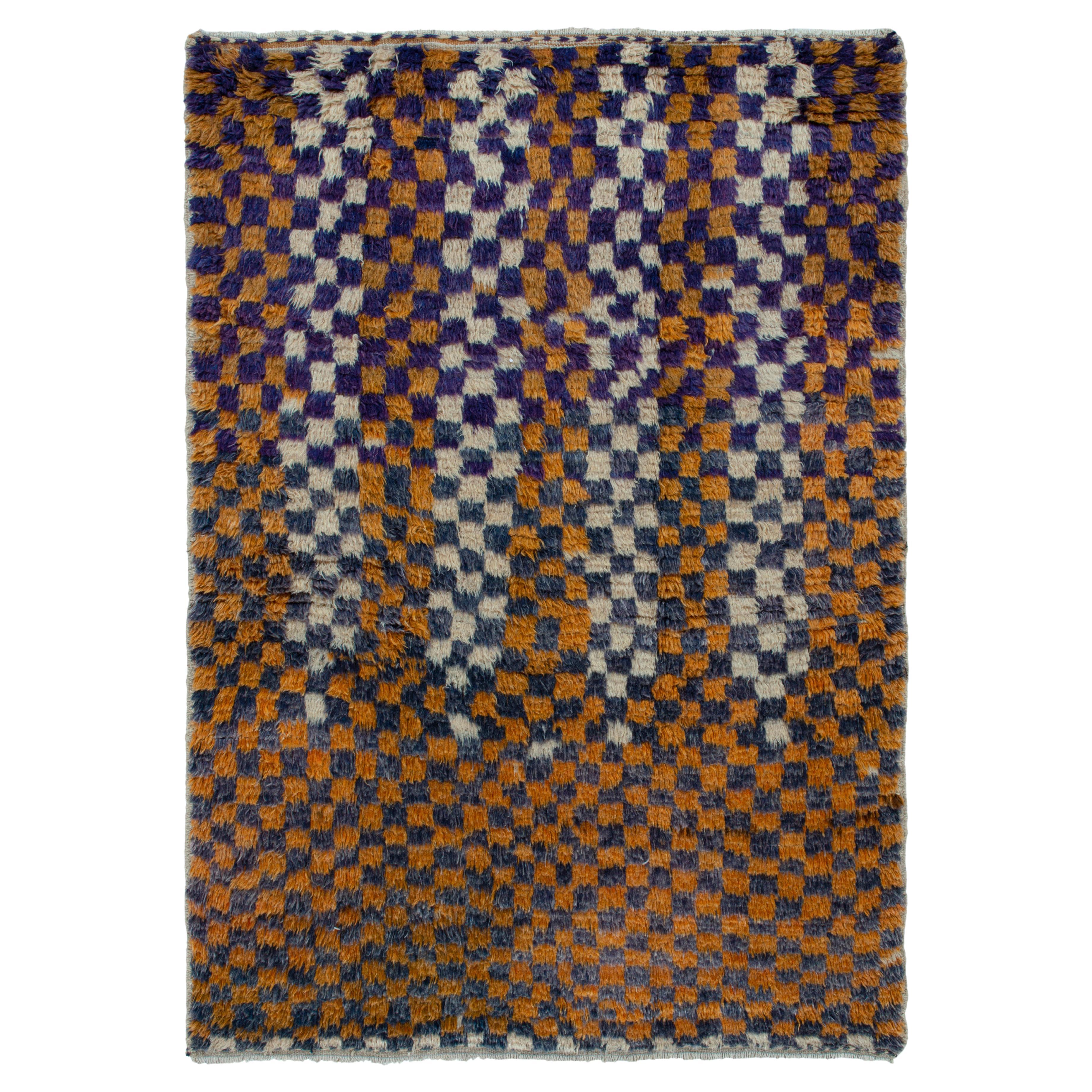 1950s Vintage Tulu Tribal Rug in Orange-Gold Geometric Pattern by Rug & Kilim For Sale
