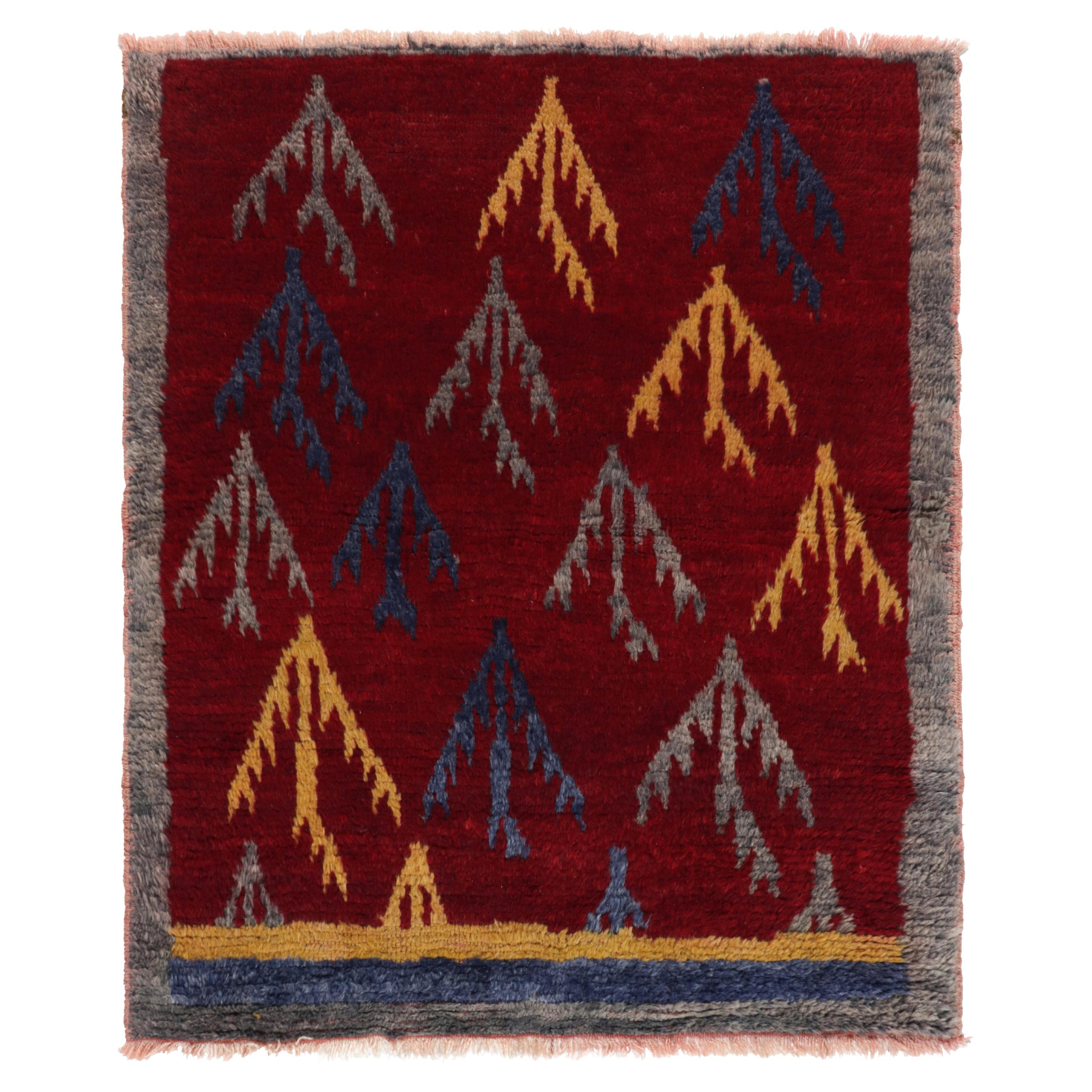 1950s Vintage Tulu Tribal Rug in Red, Blue Geometric Pattern by Rug & Kilim For Sale