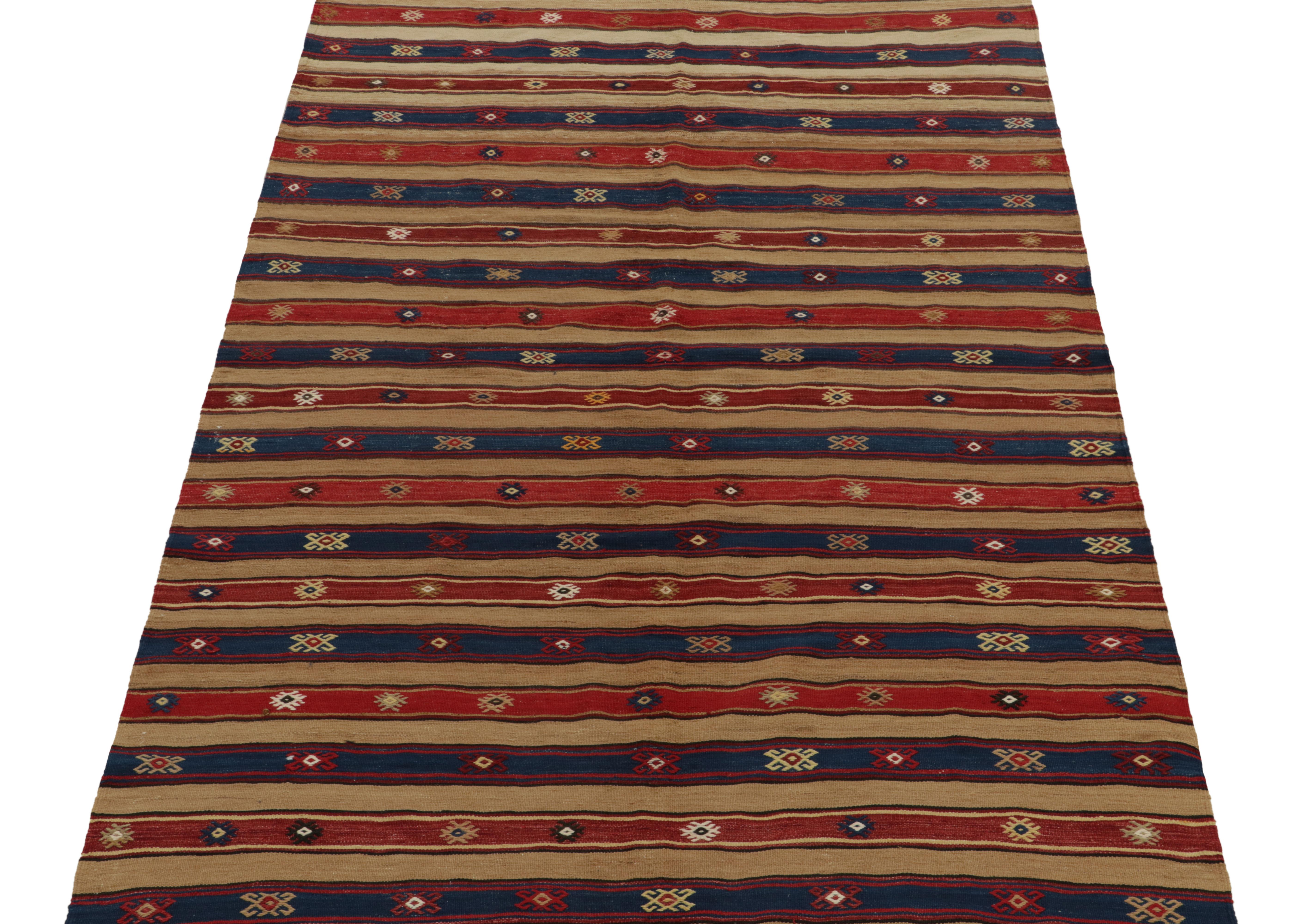 Tribal 1950s Vintage Turkish Kilim in Red, Blue and Beige-Brown Stripes by Rug & Kilim